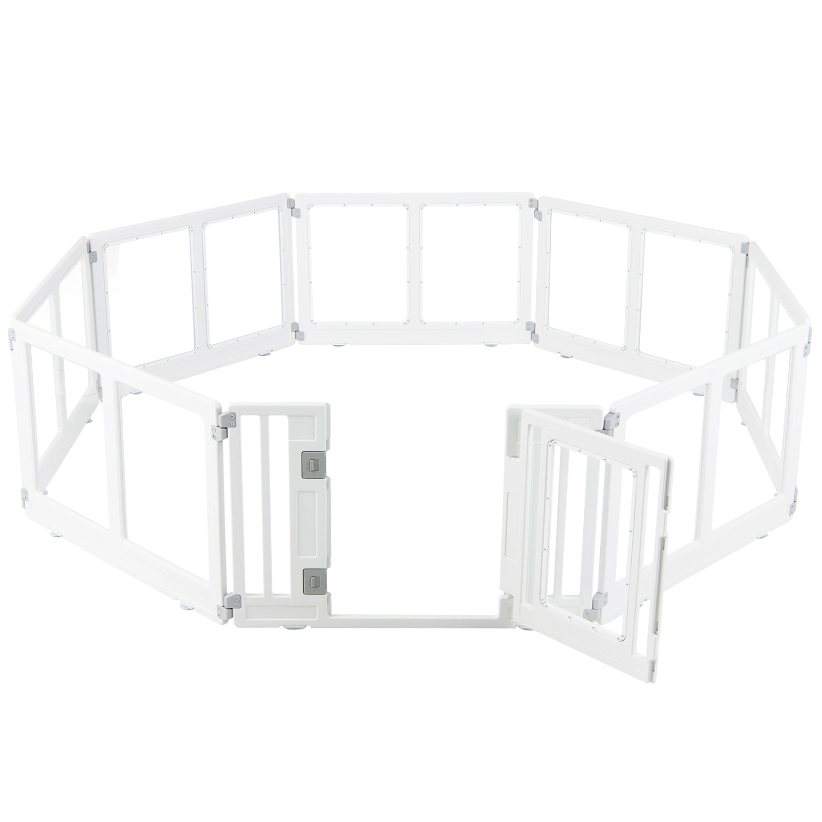 SUGIFT Clear Plastic 8-Panel Dog Playpen Pet Gate with Secure Locking Door 22.5-in Tall Multiple Layouts White