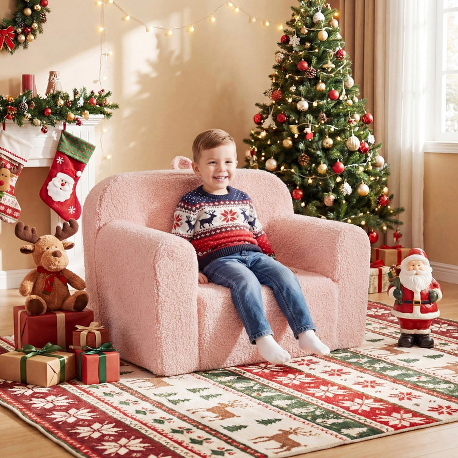 SUGIFT Teddy Fleece Kids Couch Toddler Sofa Chair with Carry Handle 24.5 x 16 x 16 in for Ages 3+ 4-lb Pink