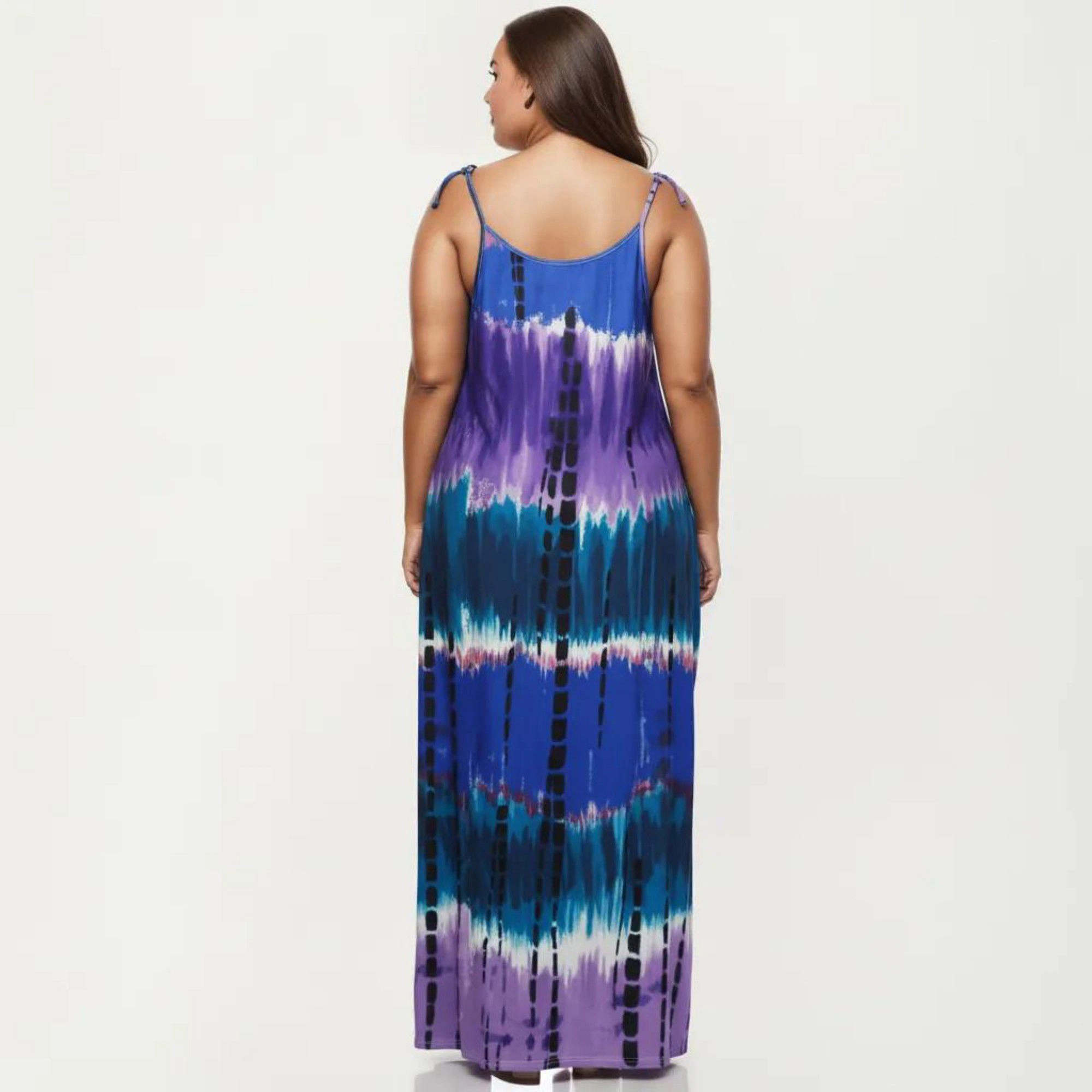 Anna-Kaci Women's Plus Adjustable Strap Scoop Neck Tie Dye Print Loose Fit Maxi Dress