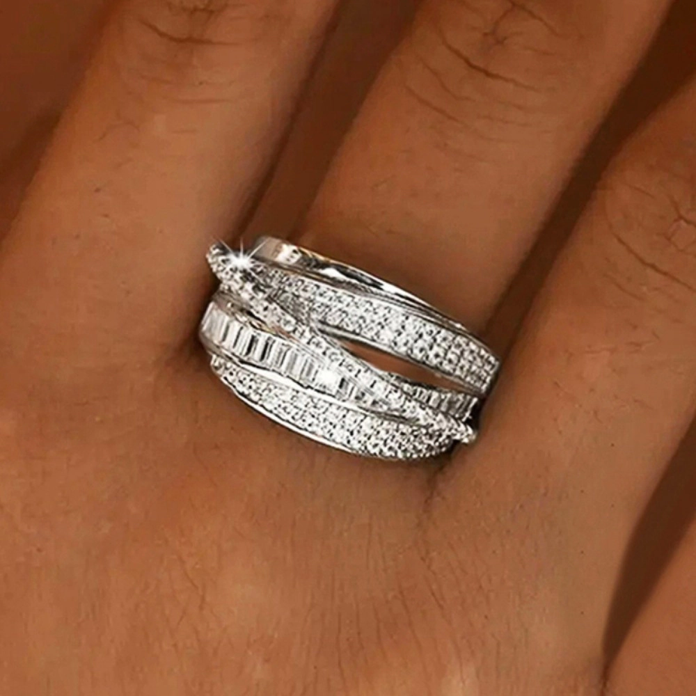 Women Multi-layers Cross Ring Luxury Multilayer Full Paved Zirconia Wide Ring