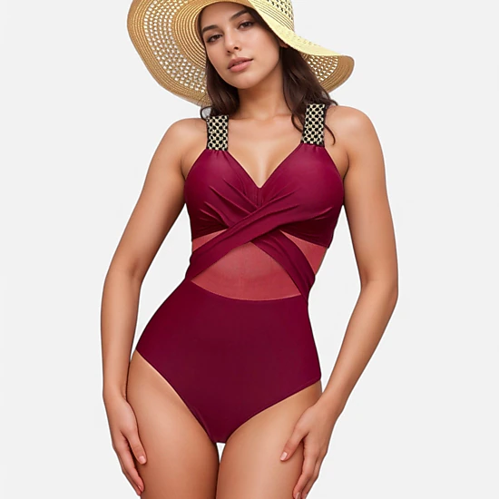 Anna-Kaci Women's One-Piece Swimsuit with Mesh Midsection Crisscross Front and Braided Detail Straps