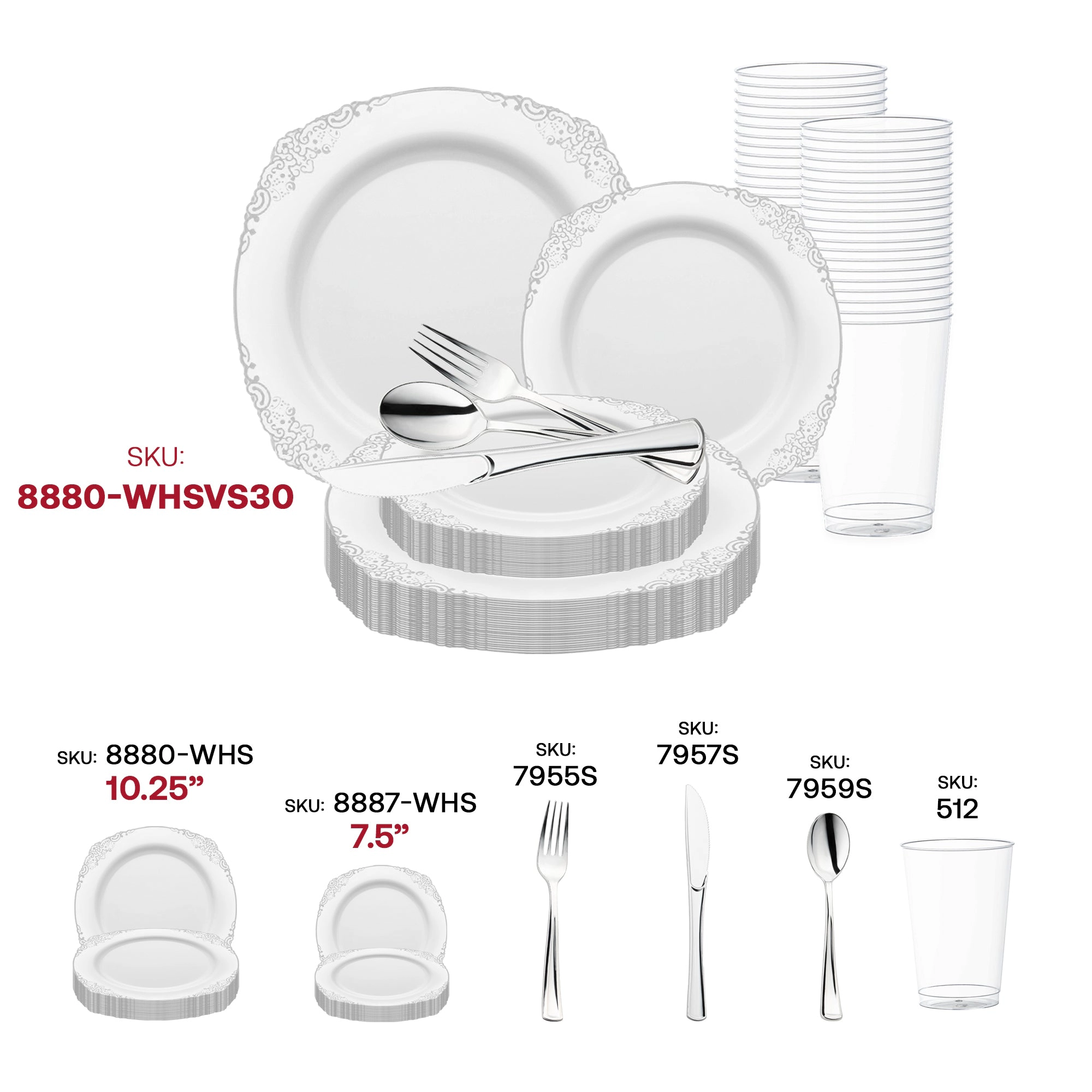 Smarty Had A Party White with Silver Fancy Round Disposable Plastic Wedding Value Set