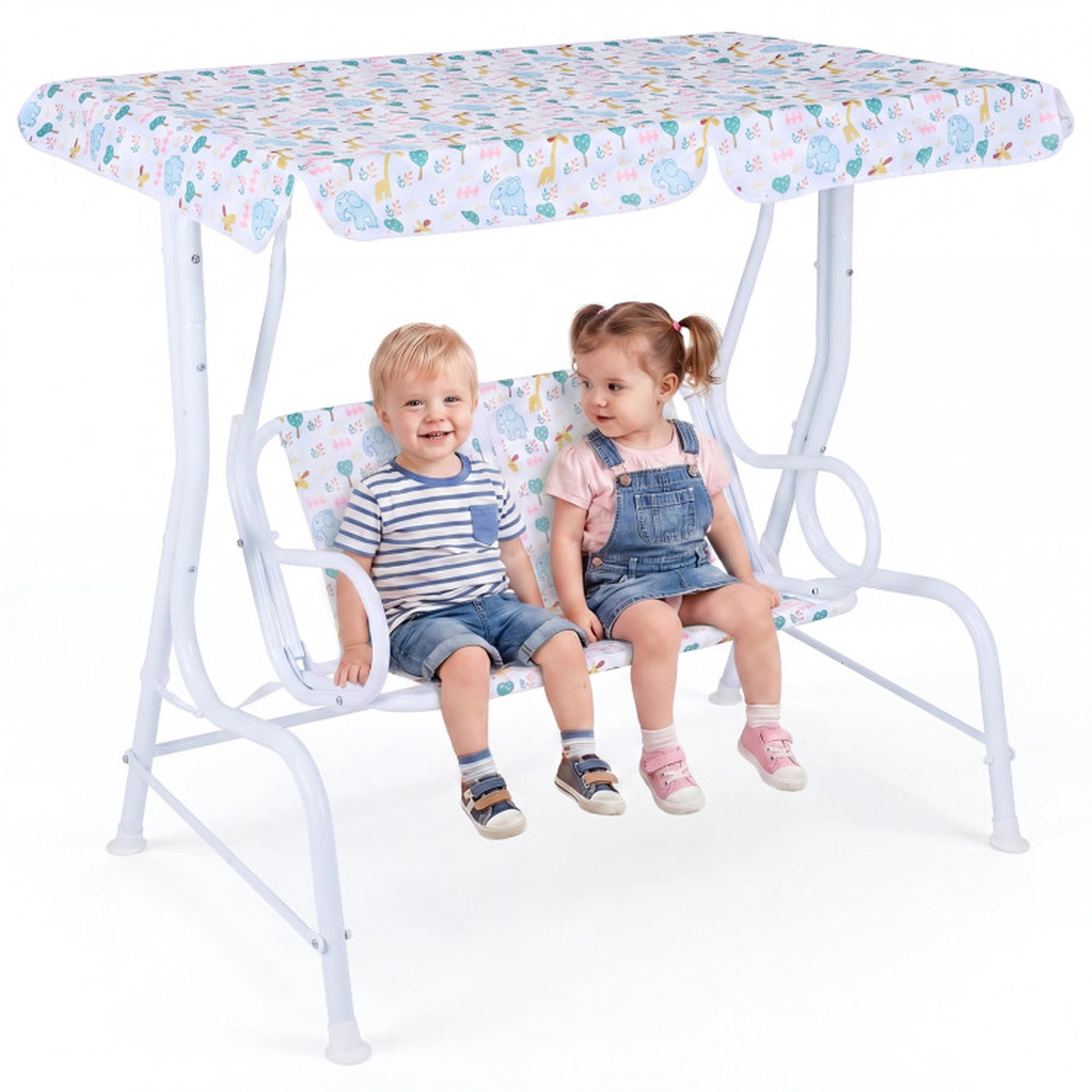 SUGIFT 2-Seat Kids Swing Chair, Triangle Metal Frame, Backrest, Rotating Canopy, White