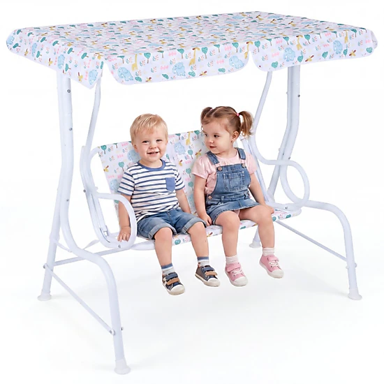 SUGIFT 2-Seat Kids Swing Chair, Triangle Metal Frame, Backrest, Rotating Canopy, White