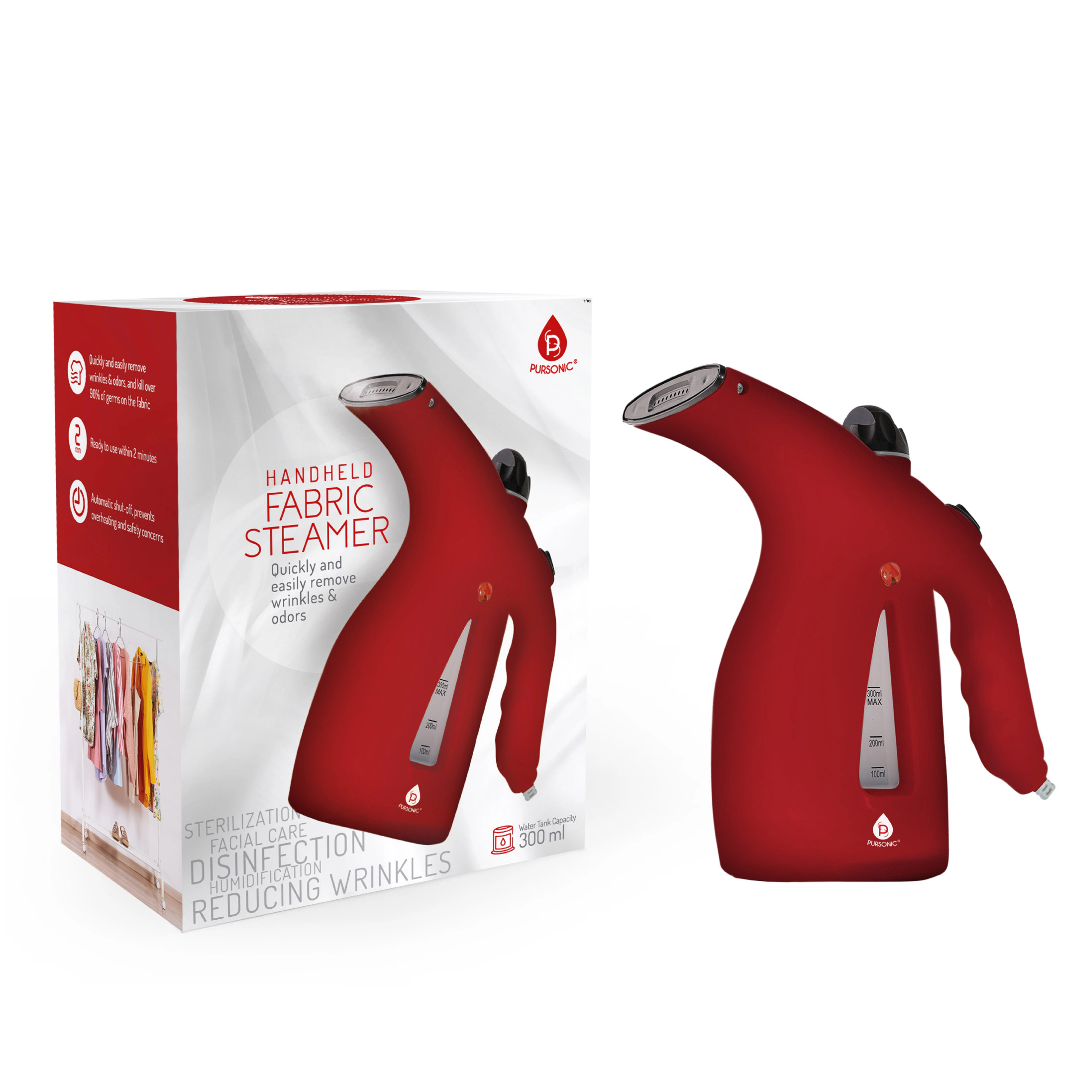Pursonic Unisex Portable Handheld Fabric Fast 2 Minute Heat-Up Garment Steamer