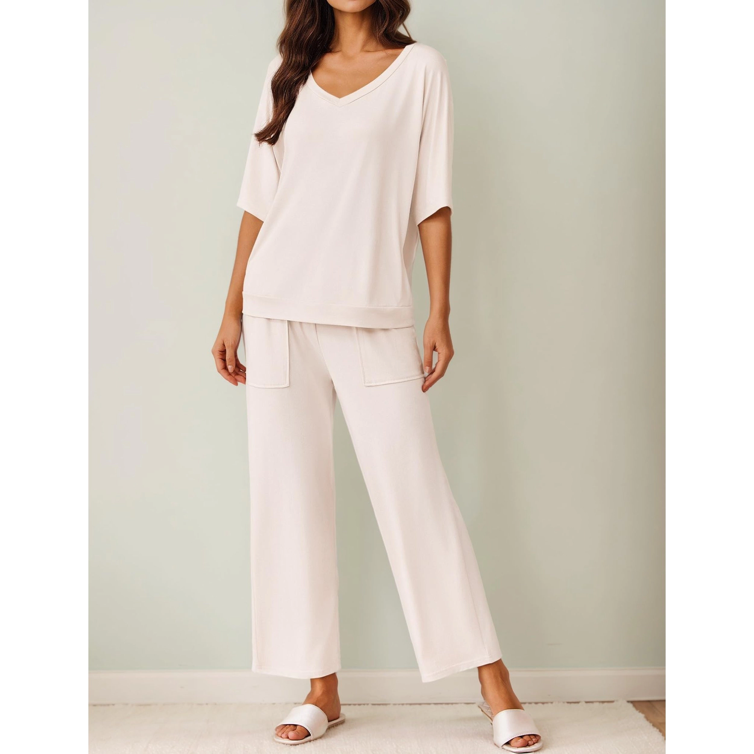 Ekouaer Women’s 2 Piece Pajama Set Outfits with Pockets Short Sleeve Top Wide-Leg Lounge Pants
