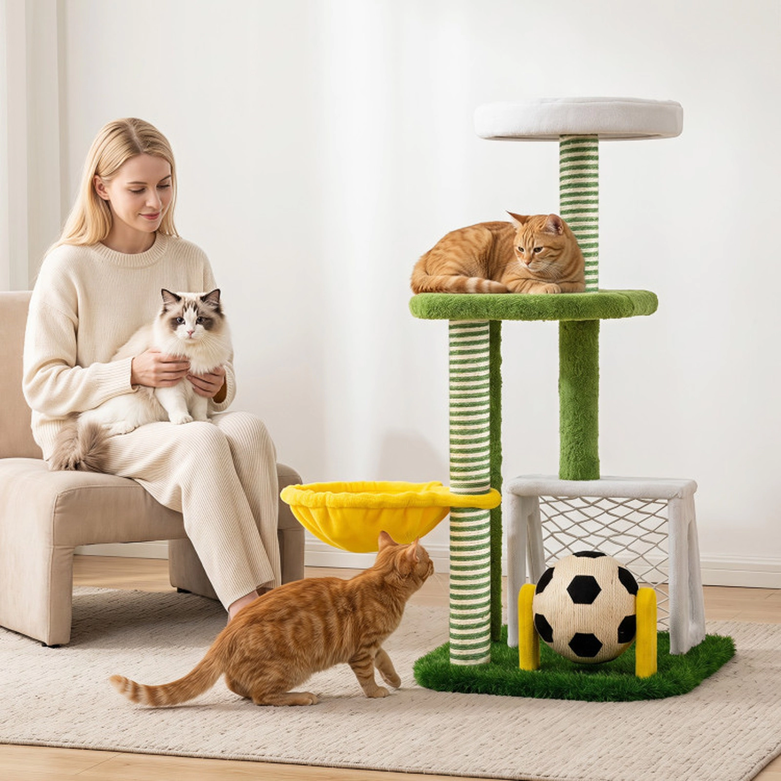 SUGIFT Modern Indoor Multi-Level Cat Tree Tower with Perches & Hammock 22-lb Platforms 11-lb Hammock Green Yellow White
