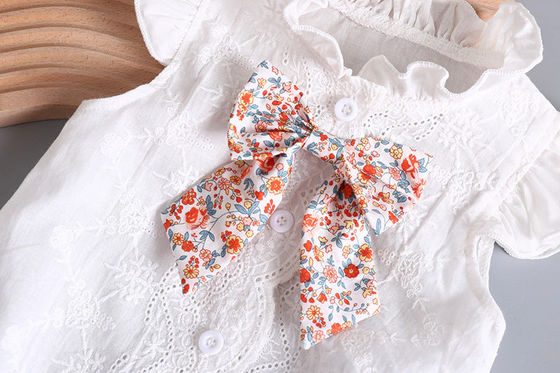 MyKids-USA Baby Girl Embroidery Pattern Round Neck Mullet Design Sleeveless Cardigan Onesies With Bow Decorations