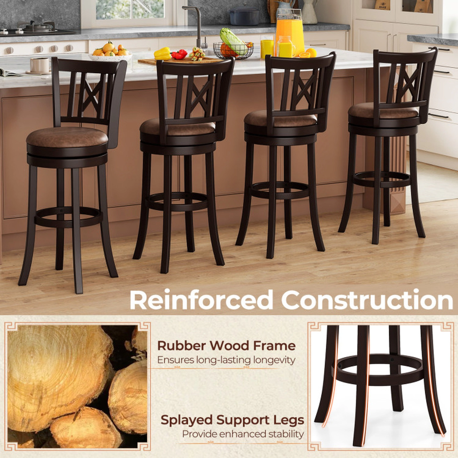 SUGIFT Set of 2 Swivel Bar Stools with Footrest and Hollowed Backrest 275-lb Capacity 30-in Seat Height Coffee & Brown