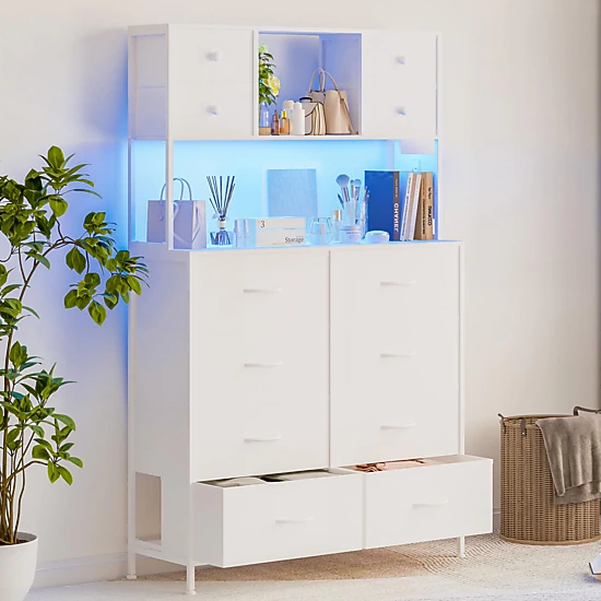 12 Drawer Fabric Dresser with LED Lights, Power Outlet & Open Shelves, Wood Top Metal Frame
