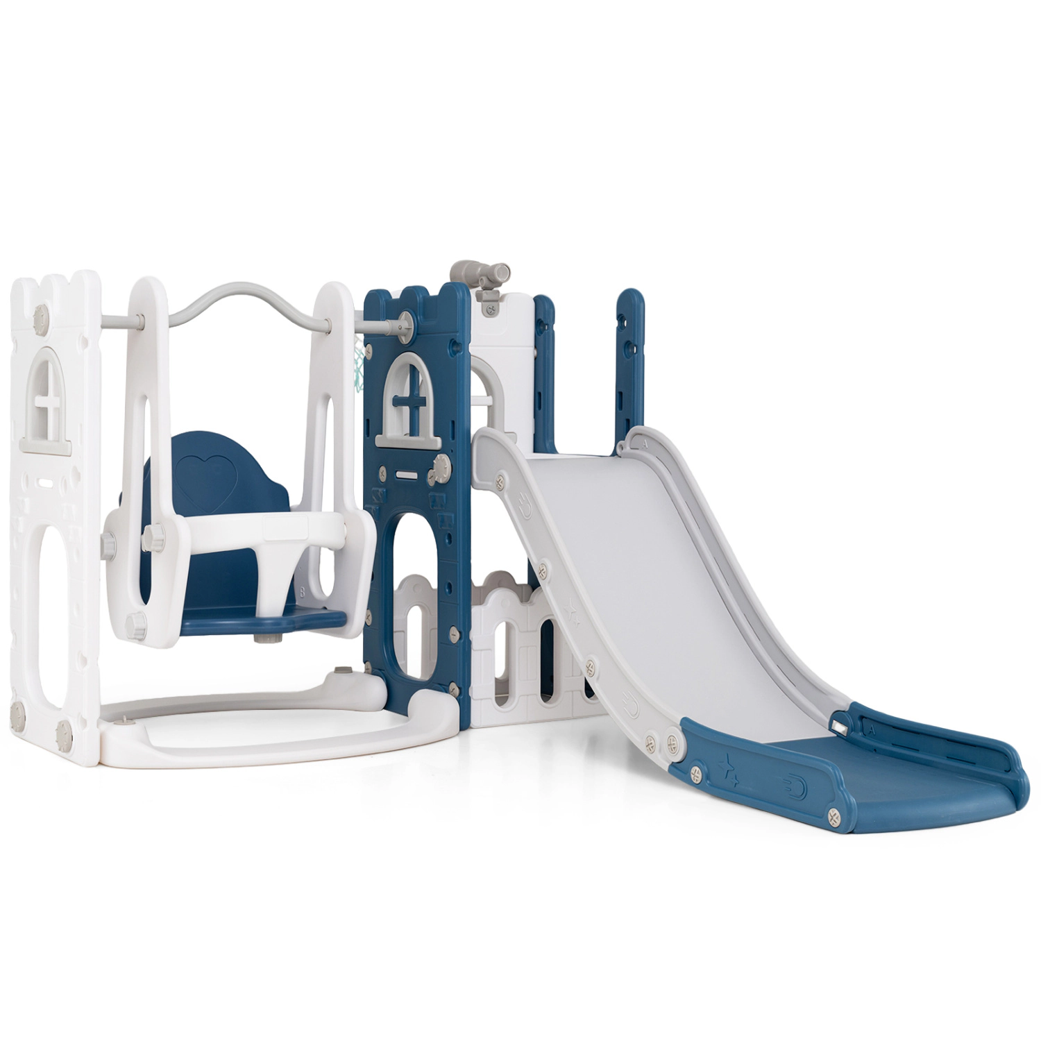 LJG 7-in-1 Toddler Swing and Slide Set L-Shaped with Ladder Basketball Hoop