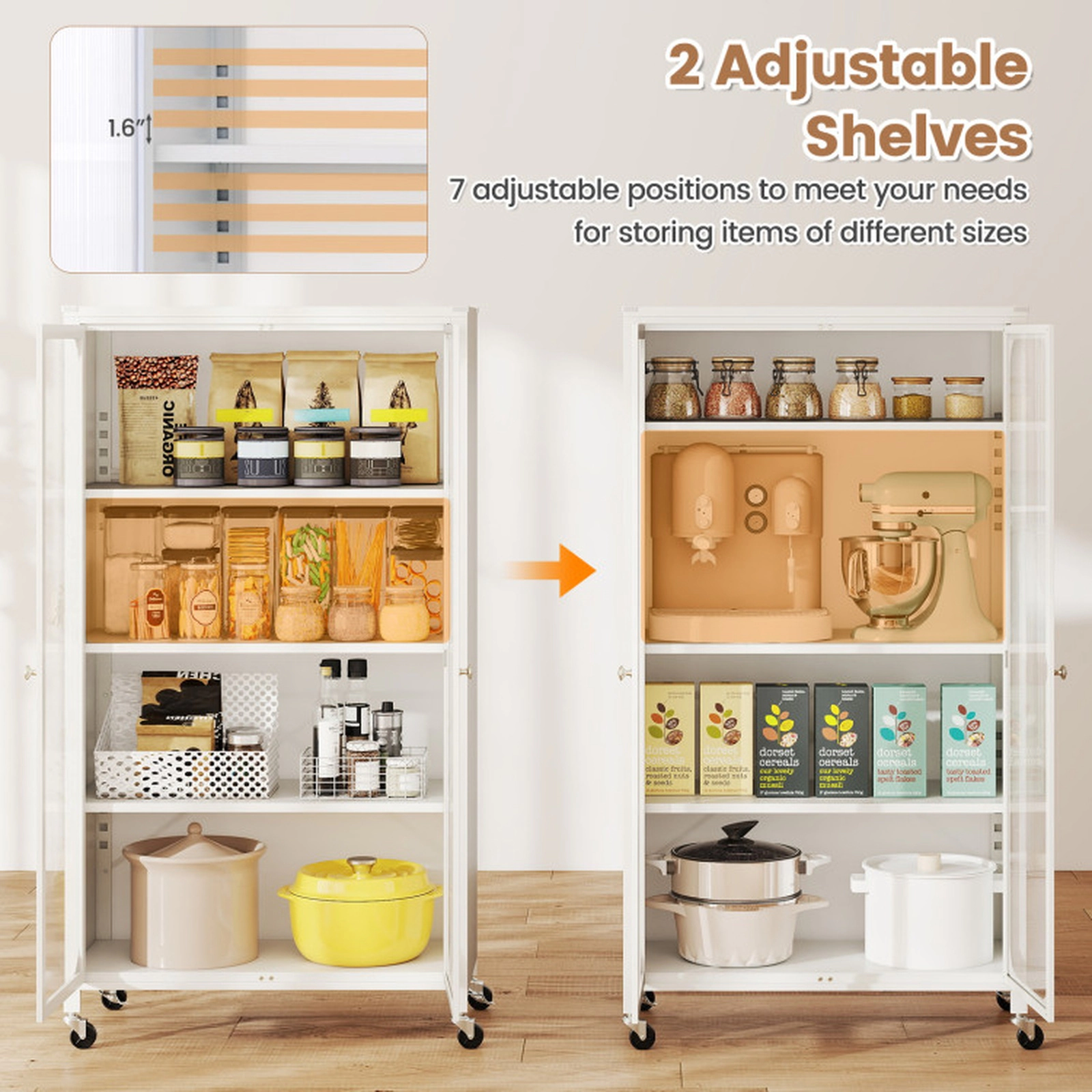 SUGIFT 4-Tier 58-in Metal Bookcase with Transparent Doors Adjustable Shelves & Lockable Wheels 33-lb Tier Capacity White
