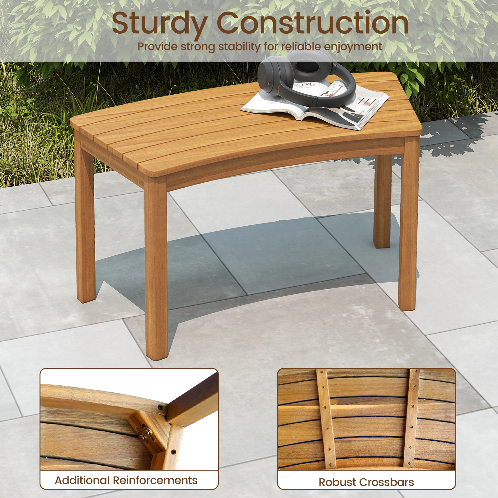 SUGIFT 3-Piece Curved Acacia Wood Fire Pit Bench Set, Backless, Natural Finish, 400-Lb Capacity