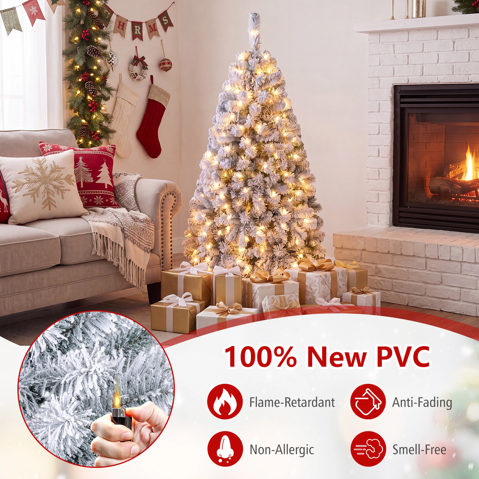 Costway 4.5/6/7.5/9ft Pre-Lit Premium Snow Flocked Hinged Artificial Christmas Tree w/150/250/450/550 Lights