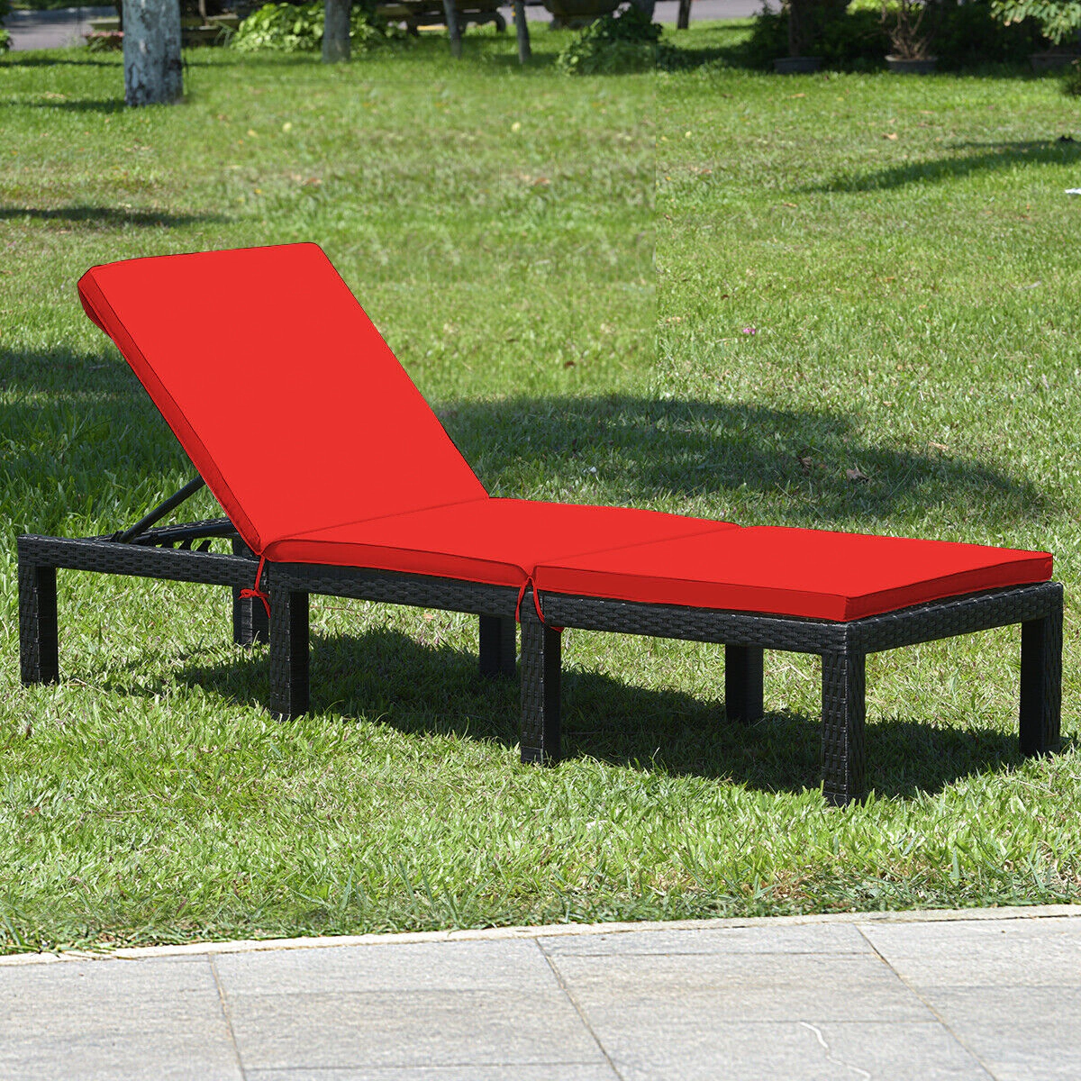 SUGIFT Patio Rattan Cushioned Height Adjustable Lounge Chair 355-Lb Capacity 77-in Long PE Rattan 2-in Cushion Red & Off