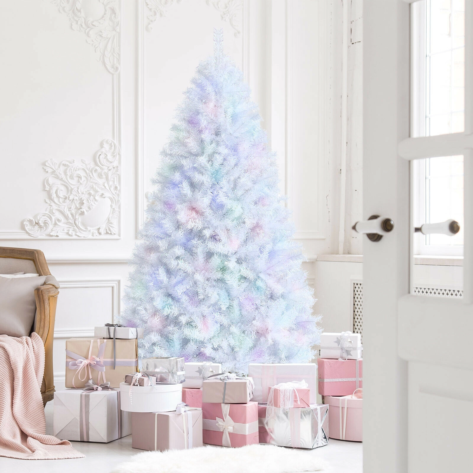 SUGIFT 7-ft White Iridescent Tinsel Artificial Christmas Tree with 1156 Branch Tips and Folding Metal Stand