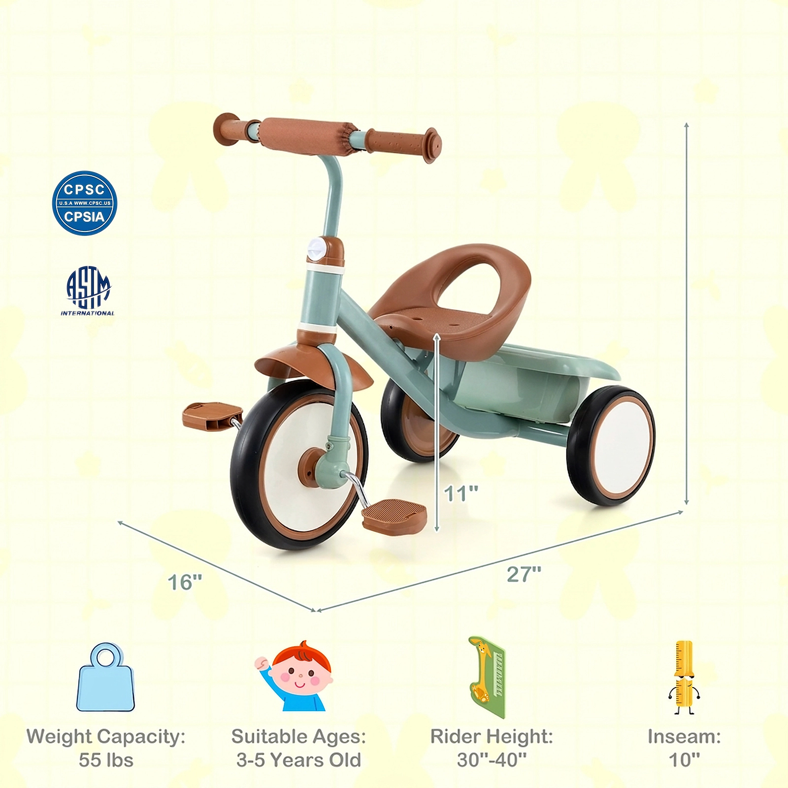 Toddler Tricycle Ages 3-5 Adjustable Seat Rear Storage Basket Anti-Slip Pedals 70-Degree Steering Limit 55-lb Capacity