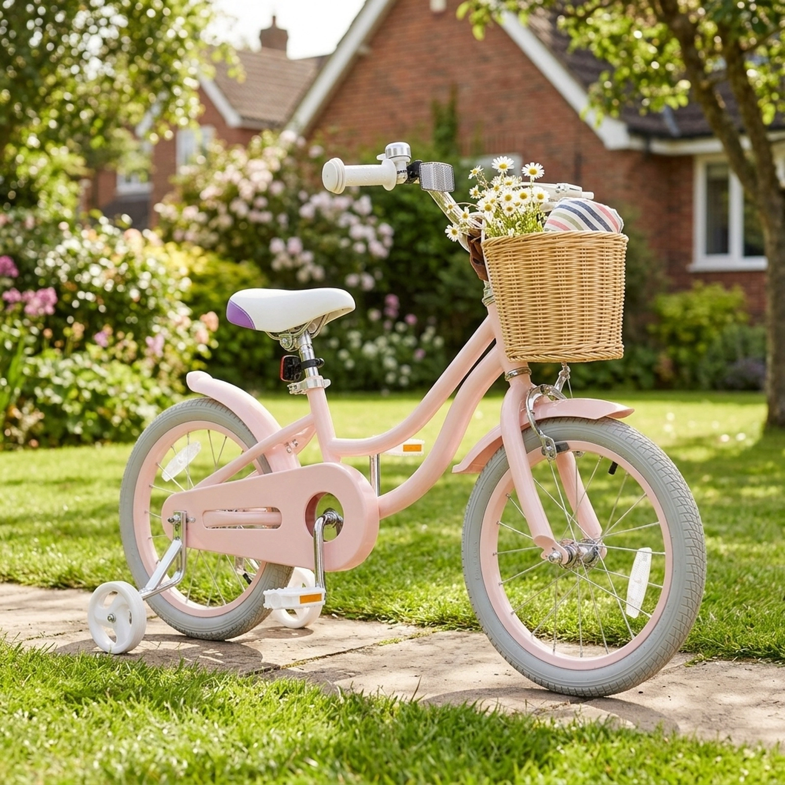 16-in Kids Bike for Girls Front Rear Reflectors Training Wheels and Adjustable Seat Carbon Steel Bicycle Ages 4-7 Pink
