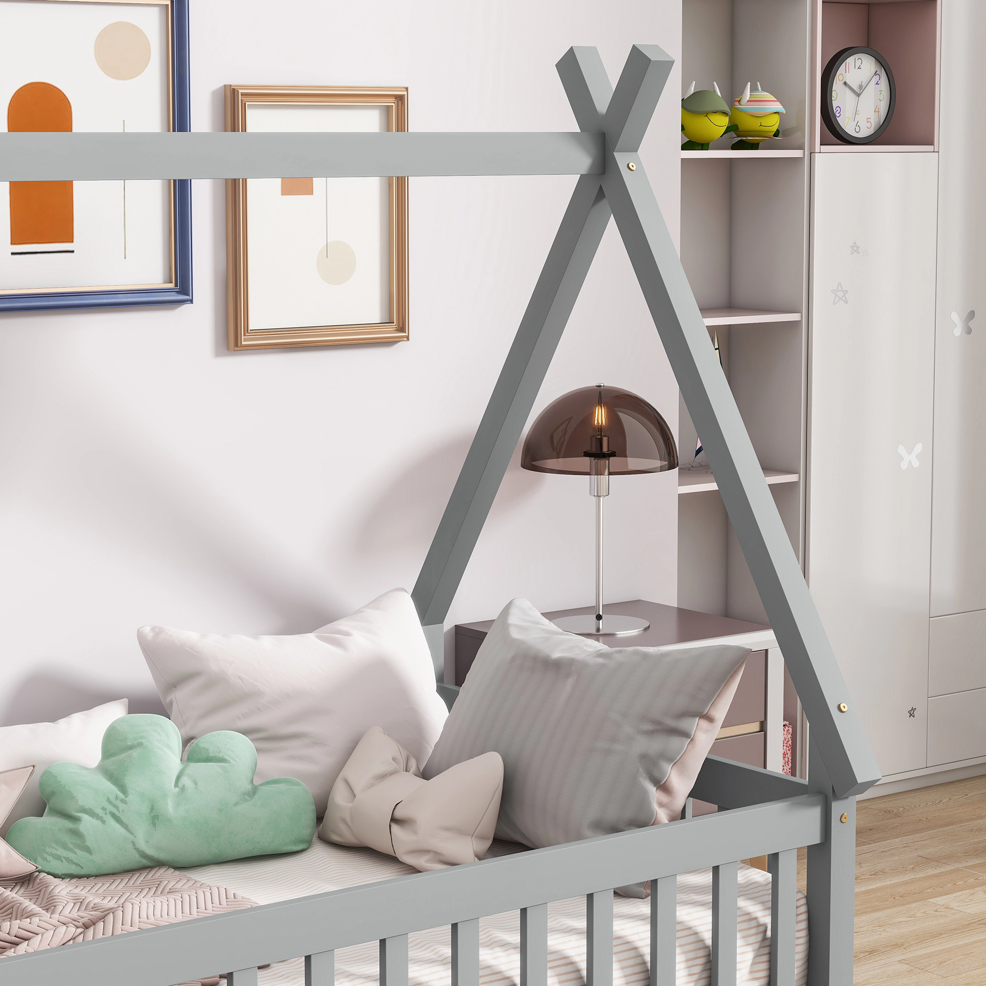 Tinyhomie Twin Tentshaped Floor Bed Teepee with Guardrails Slats Grey