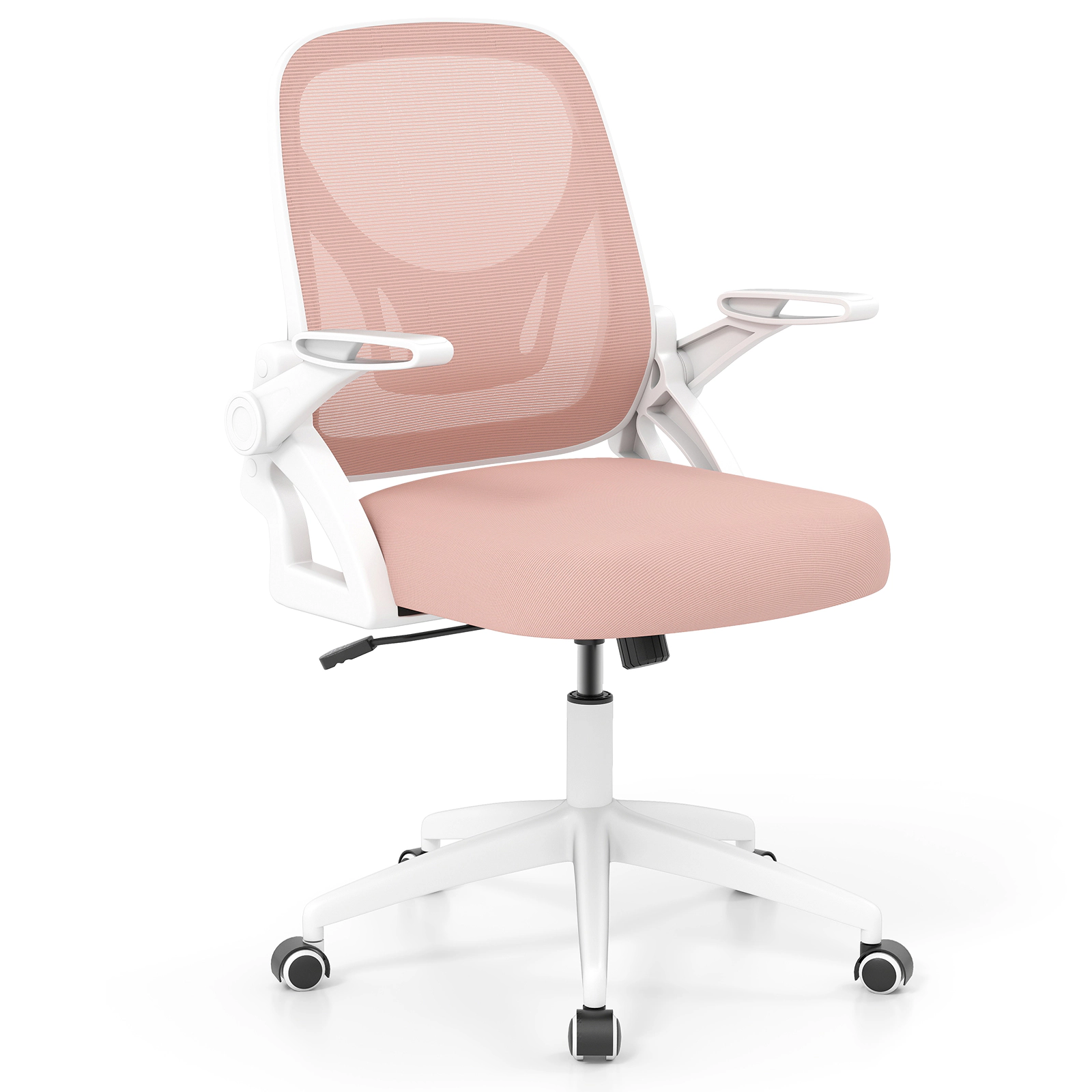 SUGIFT 330-lb Capacity Pink and White Mesh Computer Desk Chair with Built-In Lumbar Support and Flip-Up Arms