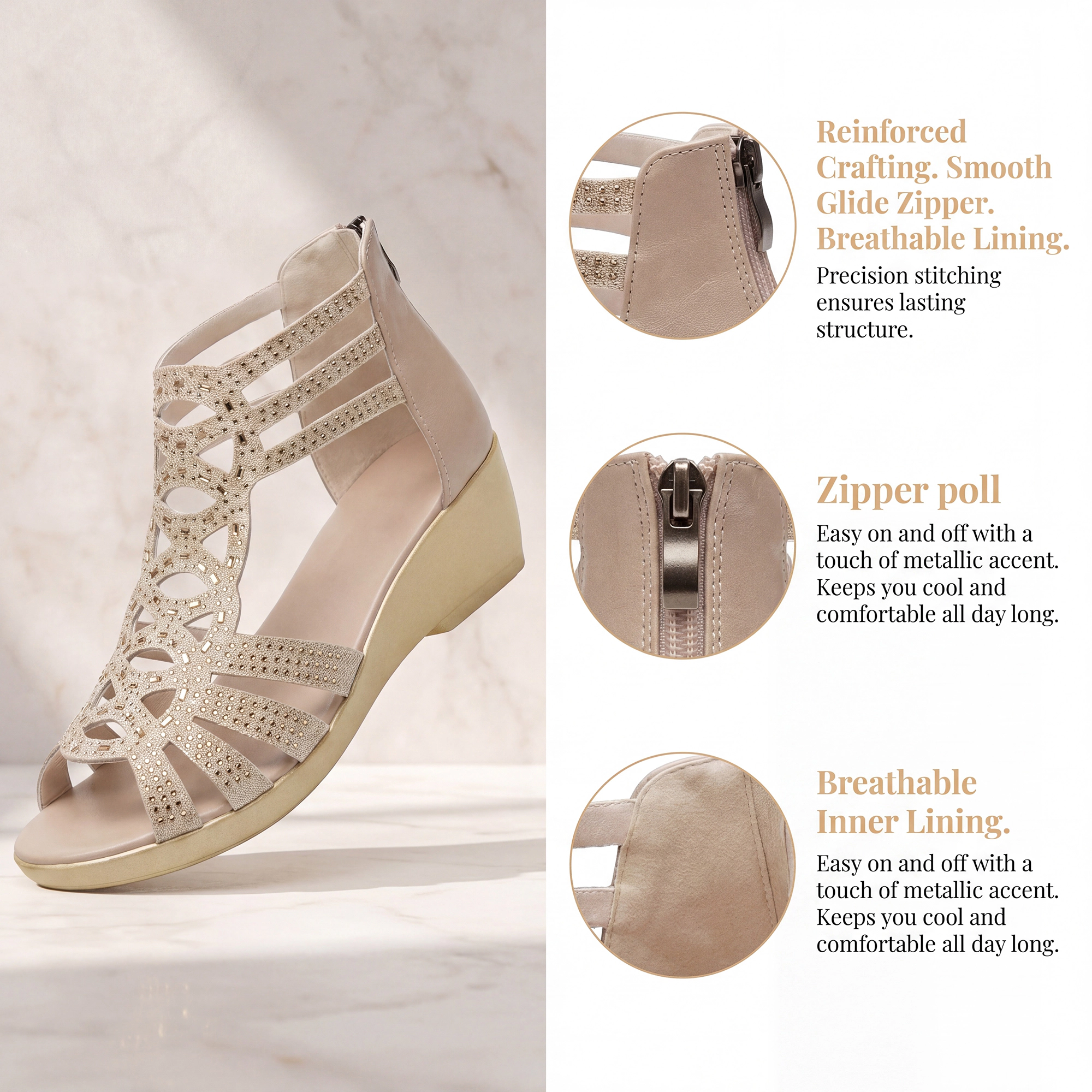 BLISSFUL STEP Women's Rhinestone Hollow Out Back Zipper Platform Sandals