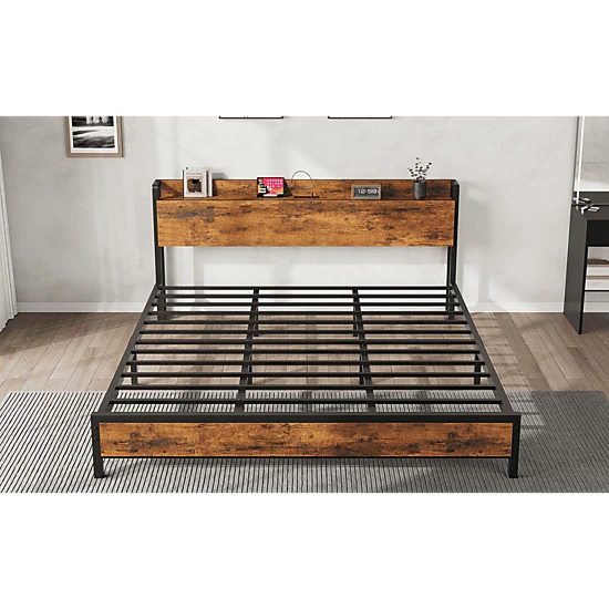 BebreezChic King Bed Frame, Storage Headboard, 2-Tier Shelf, USB Charging Station, Heavy-Duty Industrial, Rustic Brown