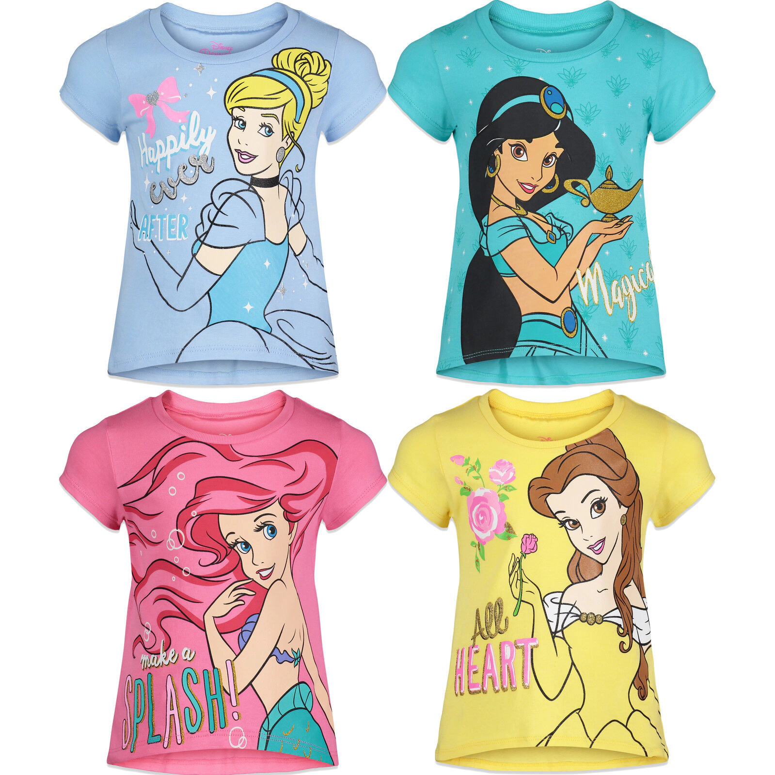 Disney Princess Girls' 4-Pack Glitter Short Sleeve T-Shirts