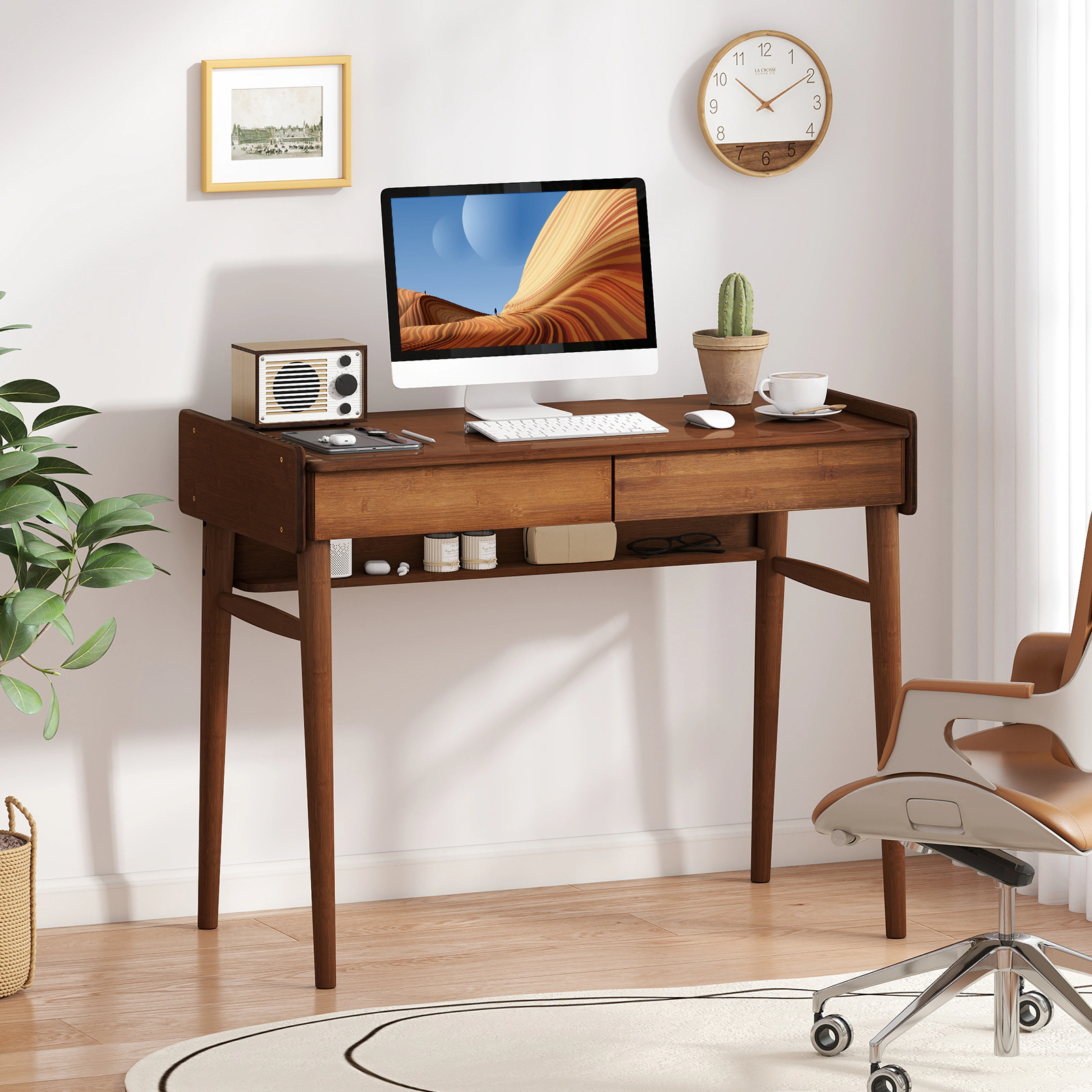 SUGIFT 39.5 in Bamboo Writing Desk Walnut with 2 Storage Drawers and Open Shelf