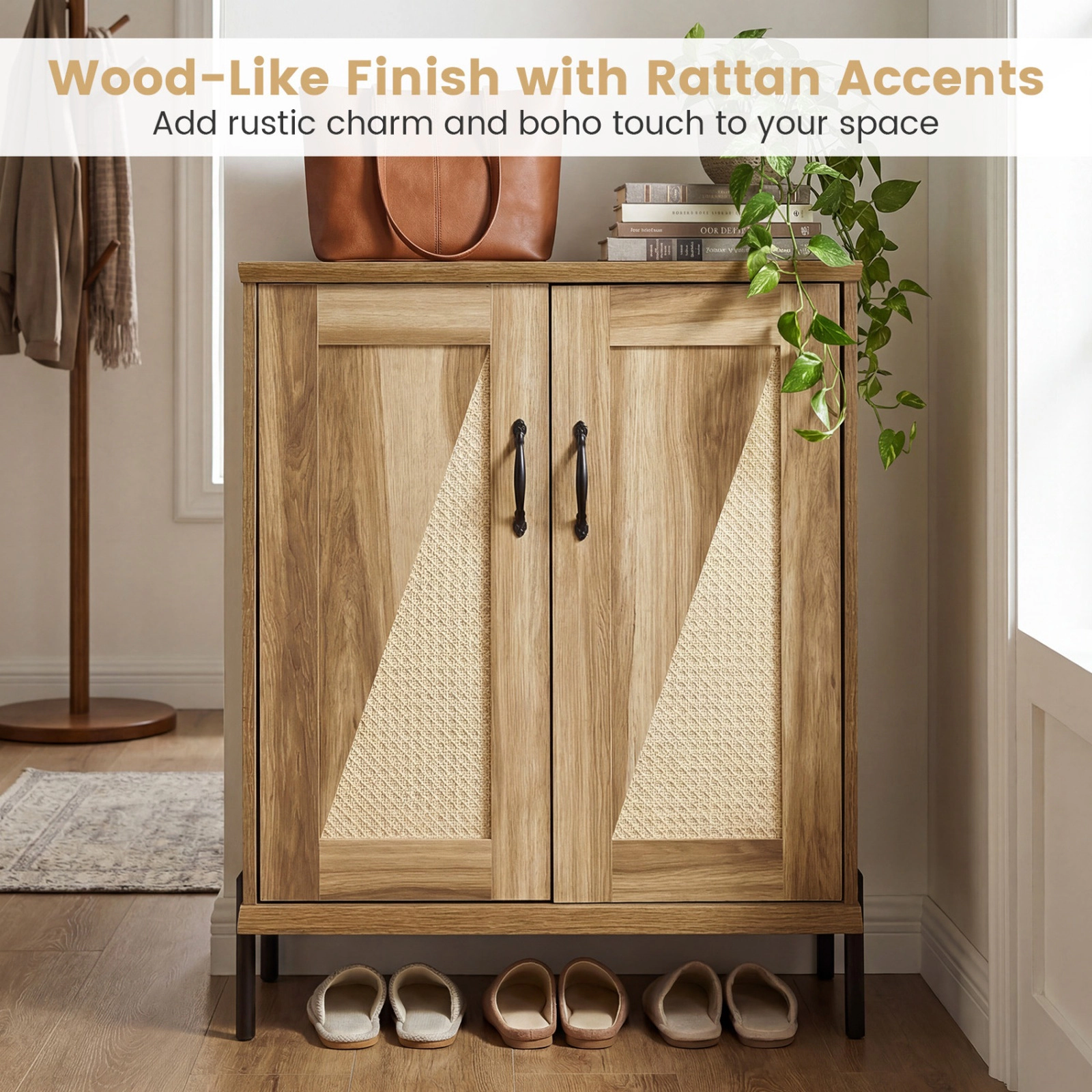 SUGIFT 5-Tier Farmhouse Shoe Cabinet with Woven Rattan Doors 110-lb Countertop Capacity 11-lb Shelf Capacity Natural