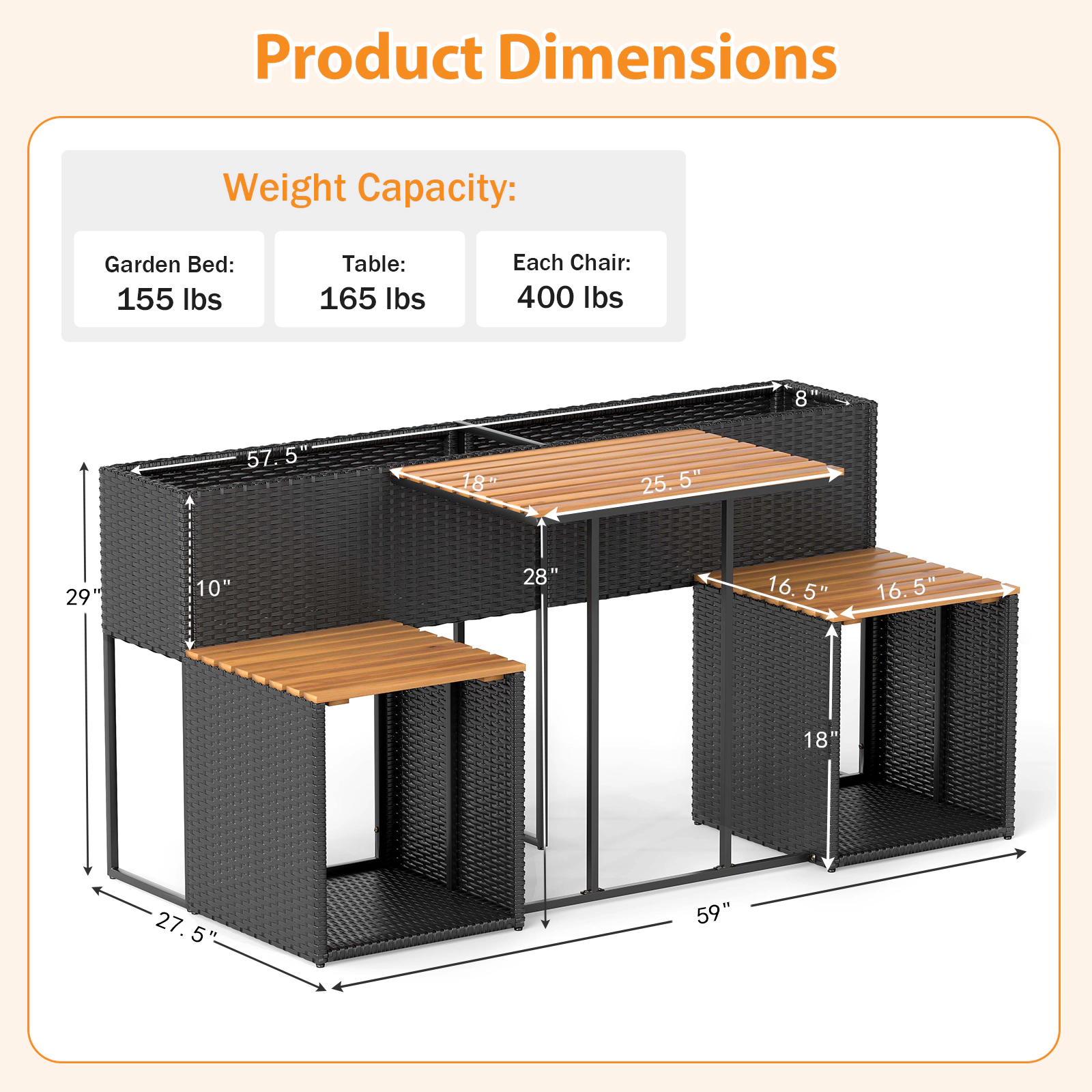 SUGIFT 59-In Black Patio Set with Raised Garden Bed, Planter Table, 2 Seats and Storage Shelf