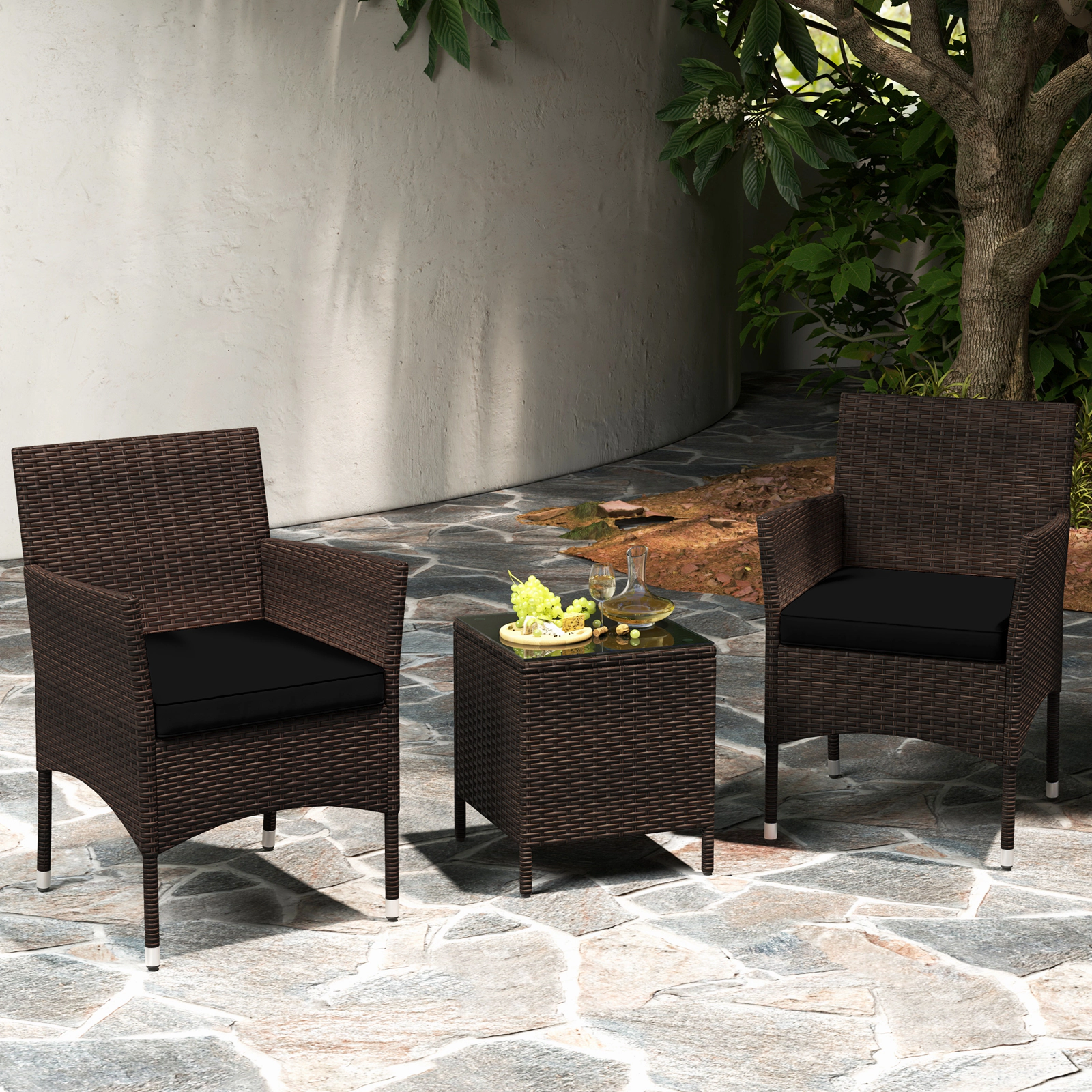 SUGIFT 3-Piece Brown PE Rattan Patio Conversation Set with Cushions and Tempered Glass Table