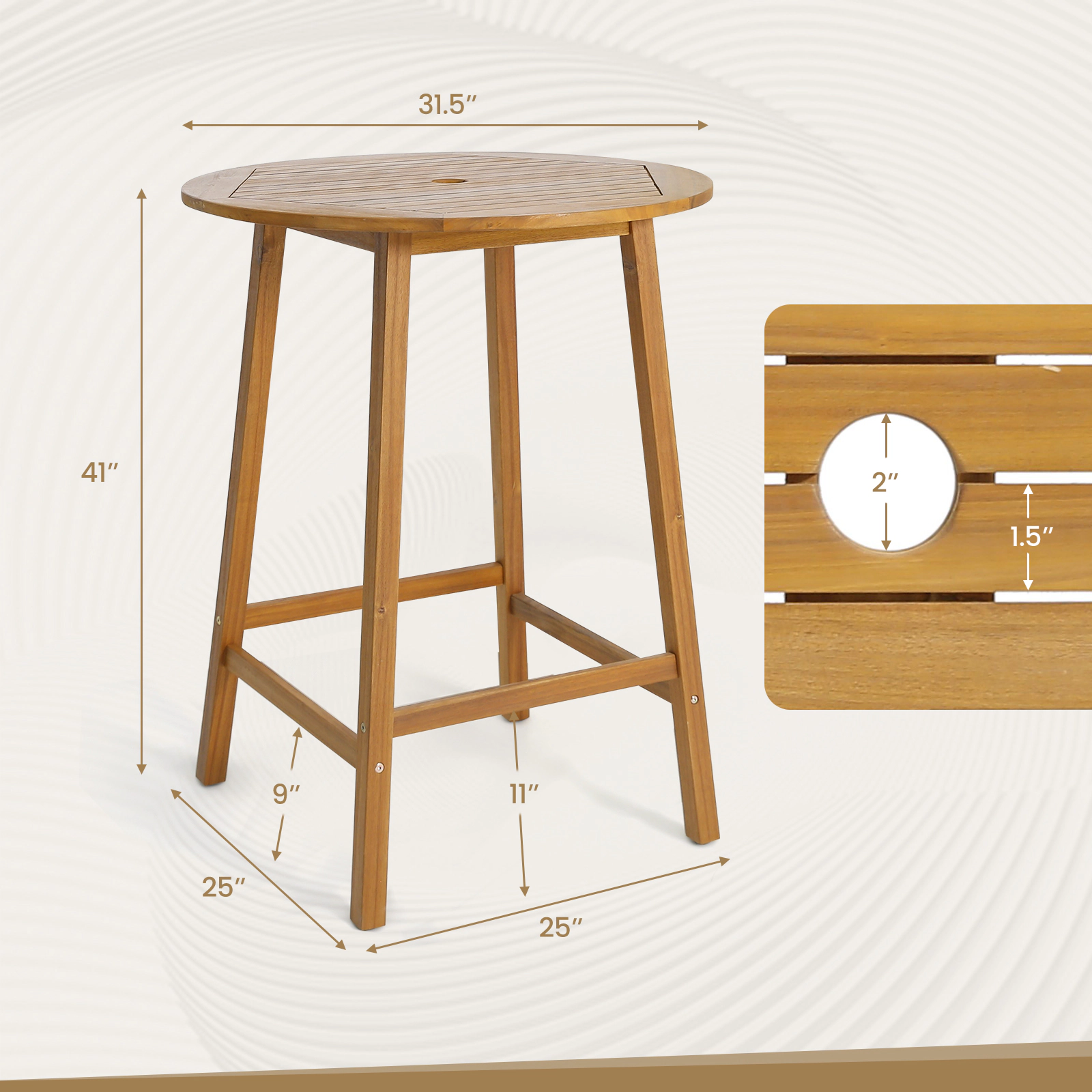 SUGIFT Acacia Wood Bar Height Outdoor Table 31.5-in Round Slatted Top 165-lb Capacity with 2-in Umbrella Hole Natural