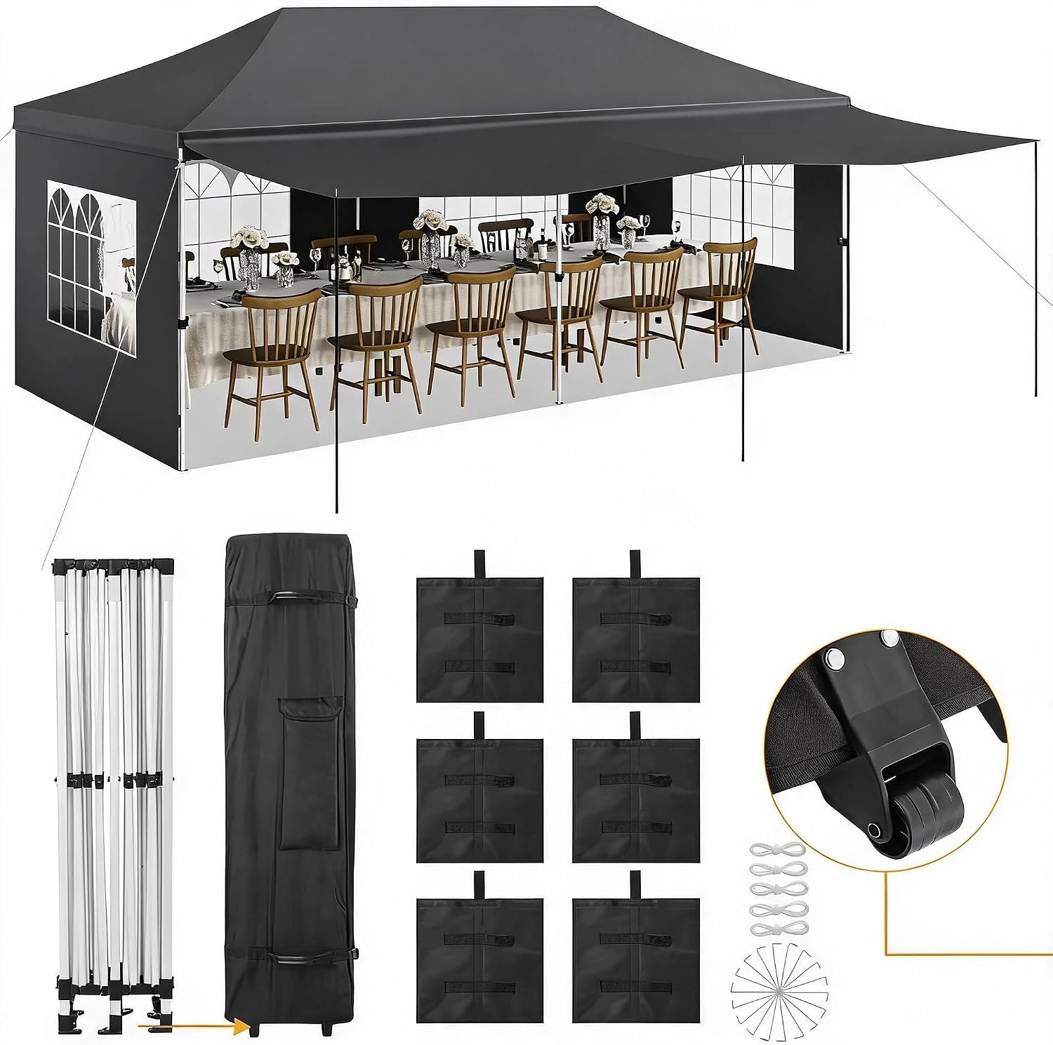 WHITE Pop Up Canopy Tent, 420D Oxford, Pointed Roof, Sidewalls with Windows, Stable Frame, Portable Carry Bag