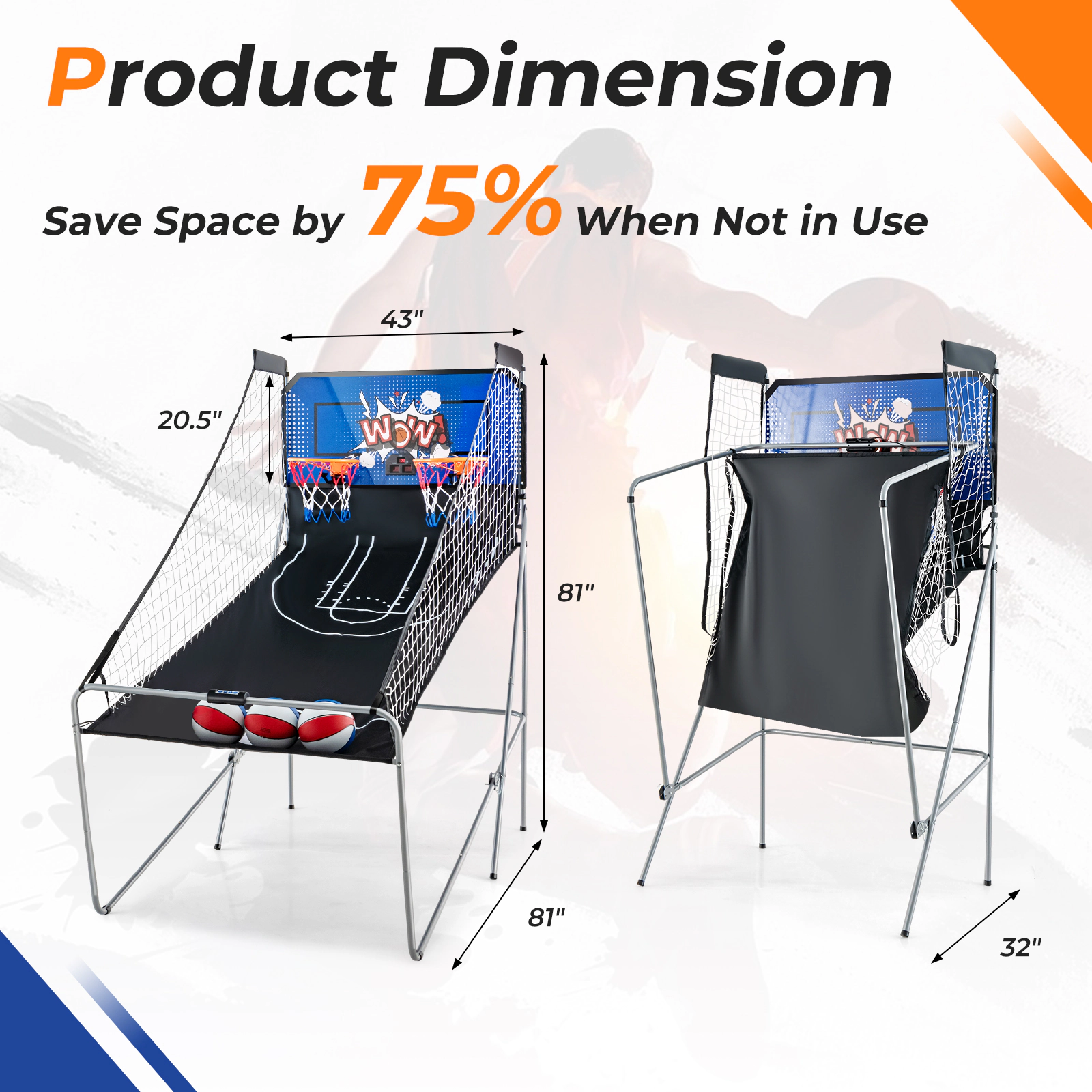 SUGIFT Blue Dual Shot Arcade Basketball Game with 8 Play Modes and 4 Balls 81-in W 43-in D 81-in H 12-in Rims