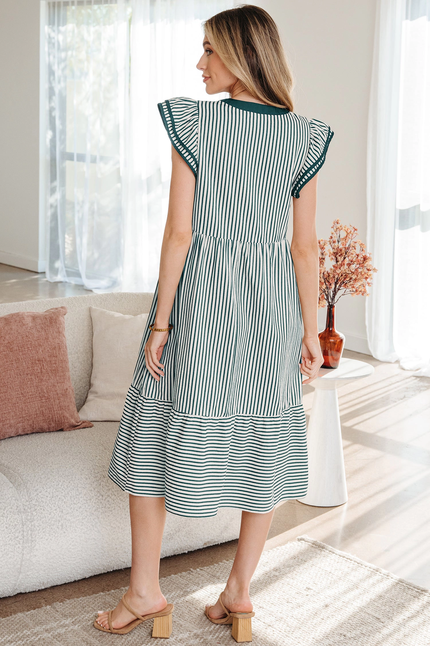 Threaded Pear Womens Ophelia Contrast Trim Striped Midi Dress