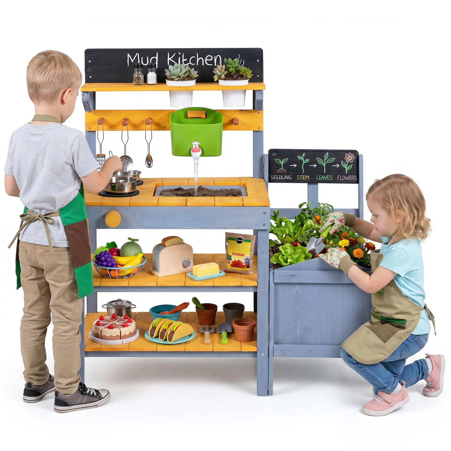 LJG Mud Kitchen Set for Kids with Running Water Reservoir and Plant Pots for 3+