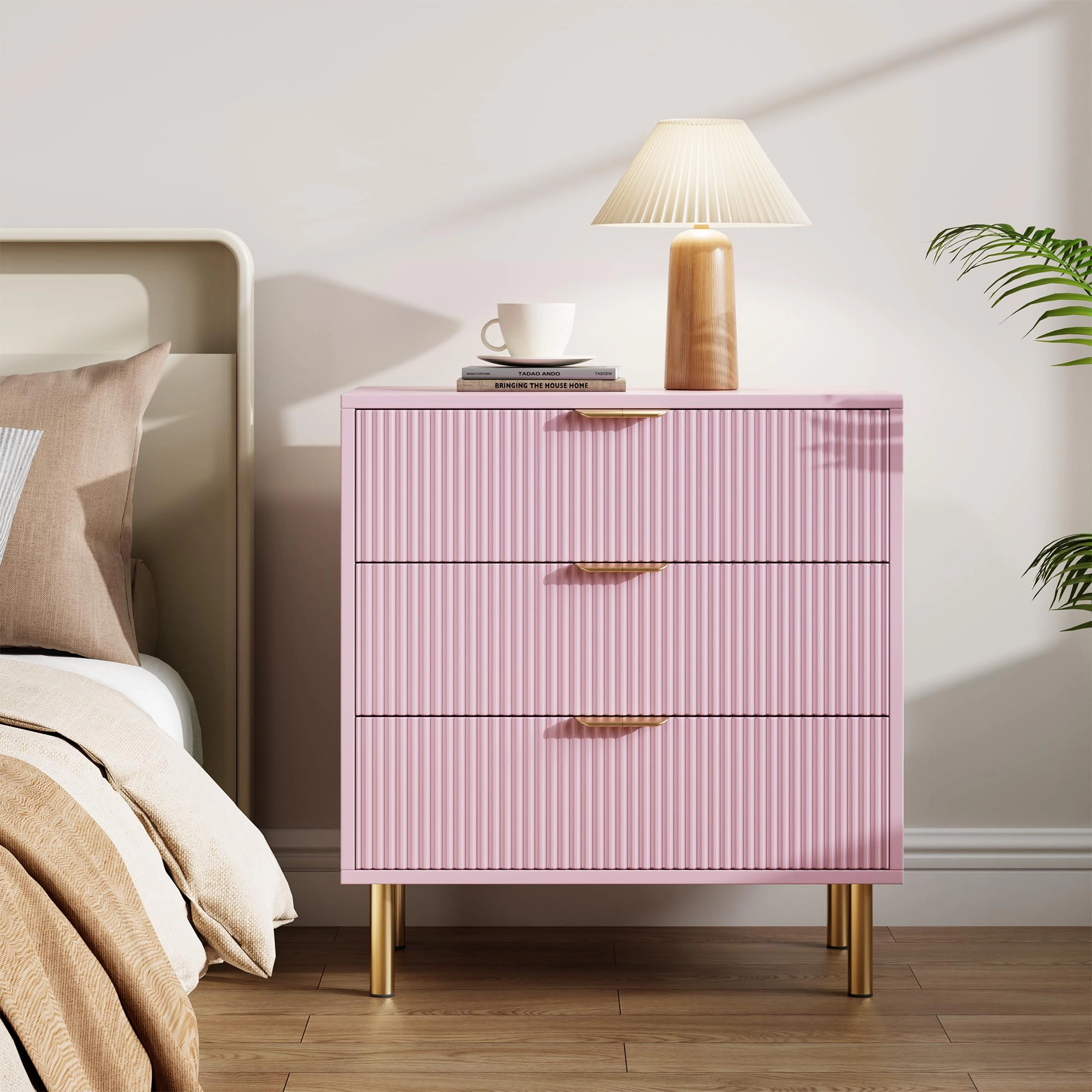 3 Drawer Fluted Dresser with Gold Handles & Metal Legs, Wooden Storage Chest for Bedroom Entryway