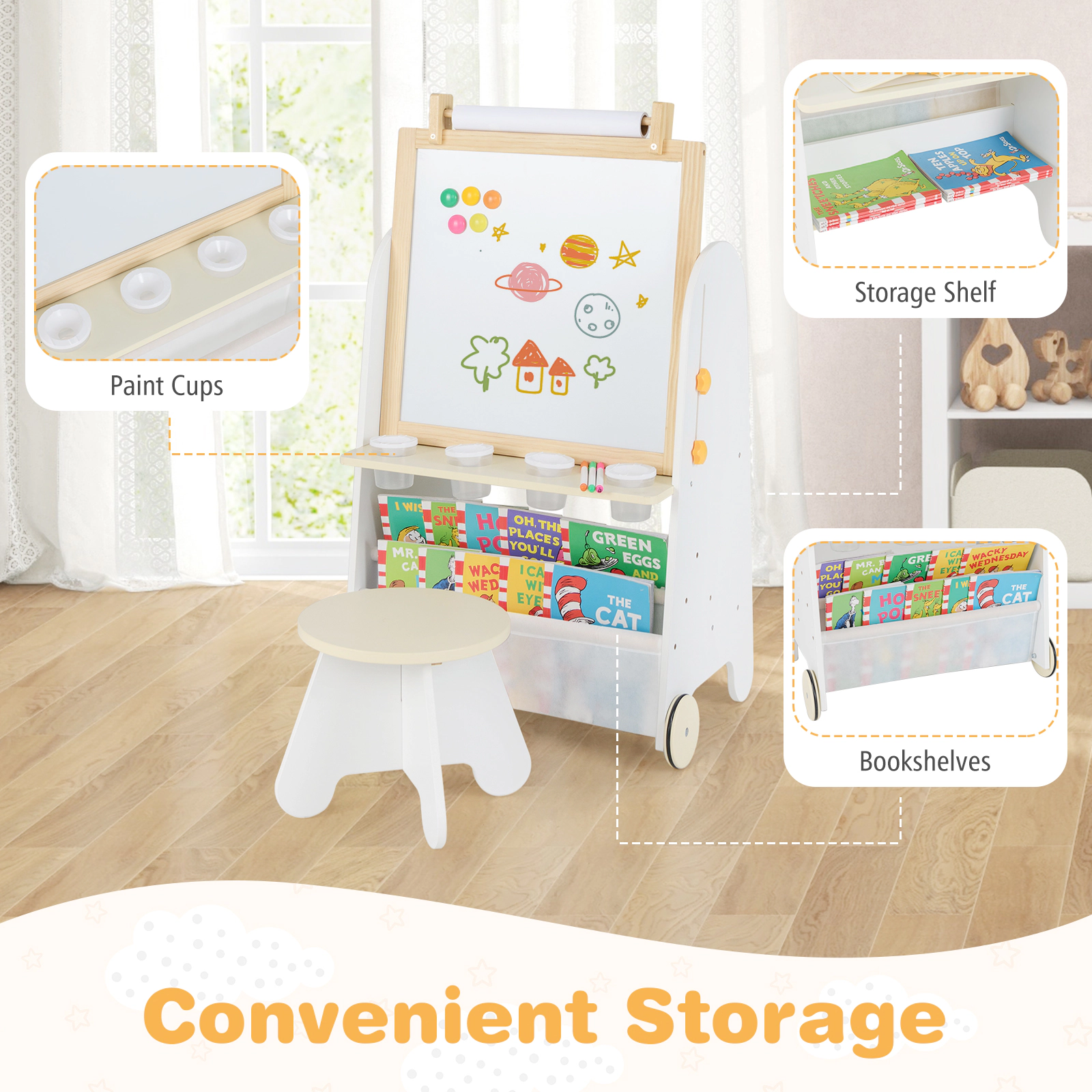 4-in-1 Toddler Art Easel and Activity Table Set with Stool Magnetic Whiteboard Chalkboard 10-ft Paper Roll Natural