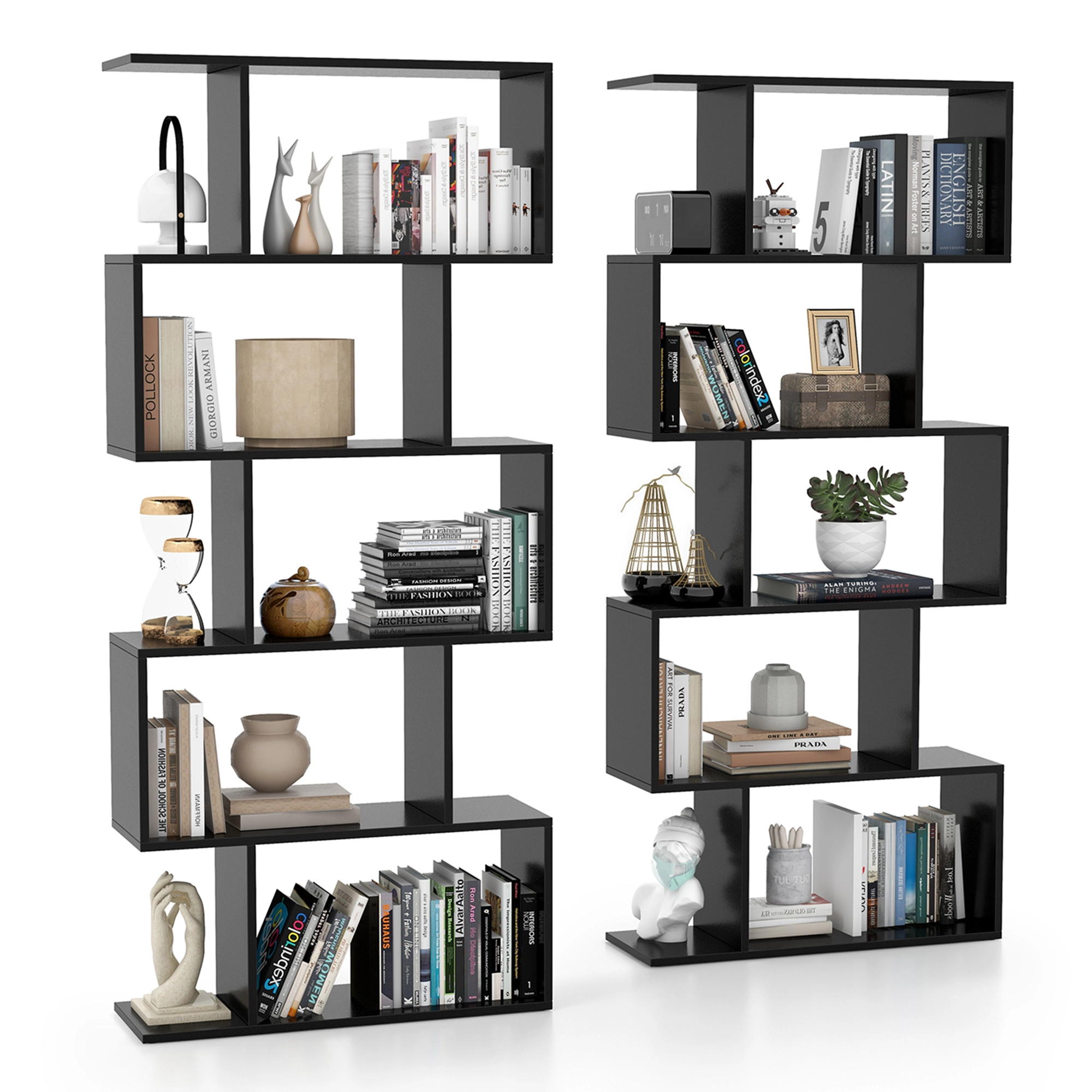 Costway 1/2 PCS 5-Tier Bookshelf Geometric S-Shaped Bookcase Room Divider Storage Display