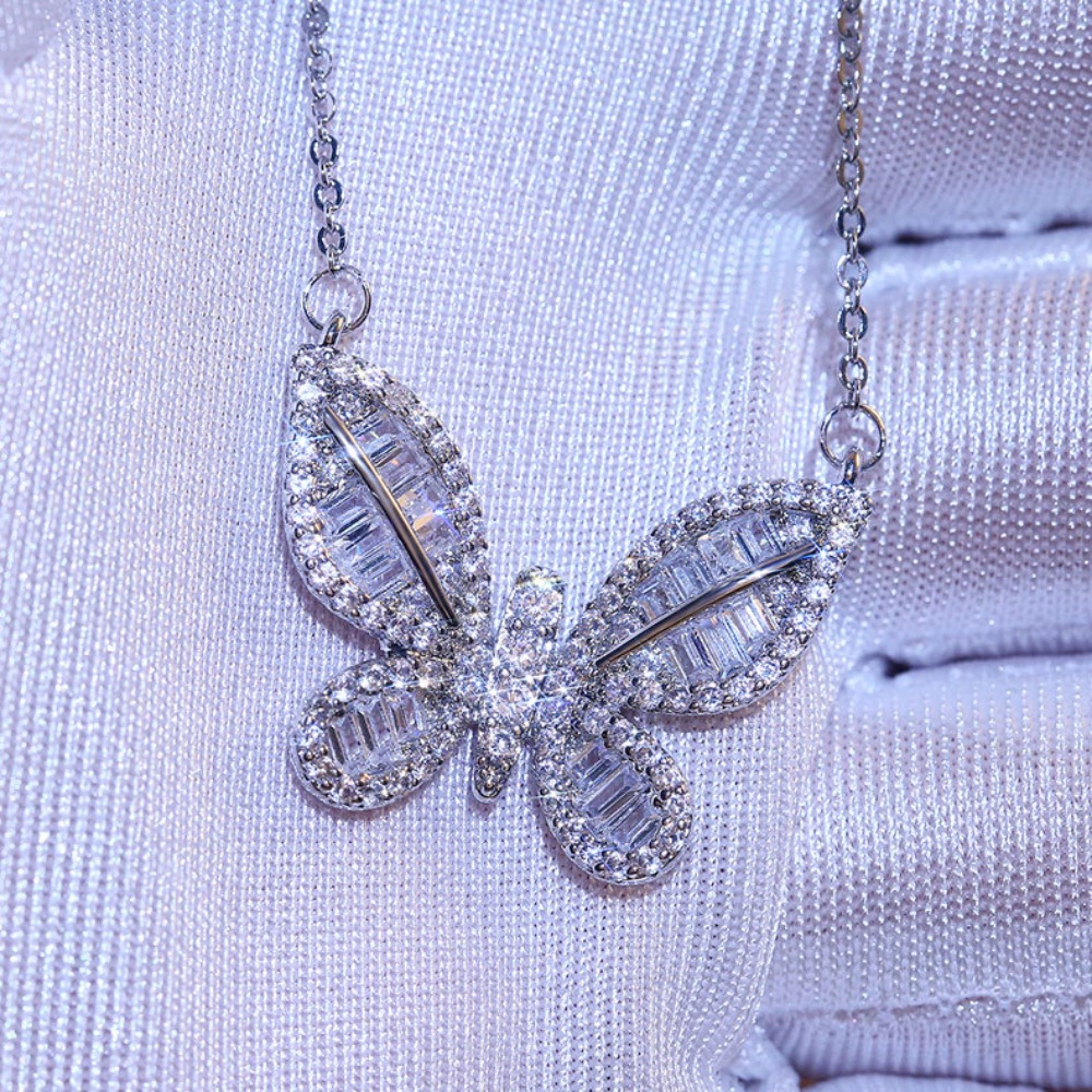 Wardrobe Whimsy Butterfly Pendant Necklace Tapered Baguette Cubic Zirconia Jewelry