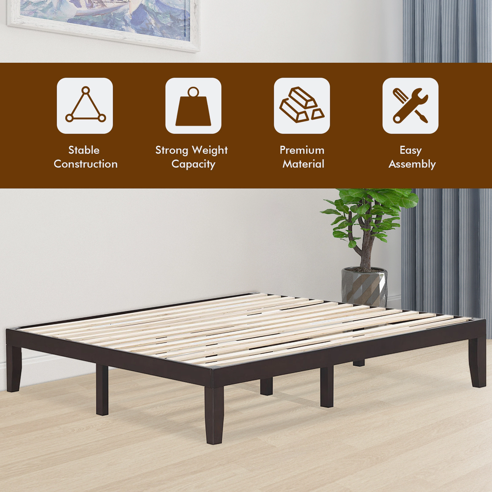 SUGIFT 14-Inch King Platform Bed Frame, Solid Rubberwood and Poplar, 14 Slats, No Box Spring