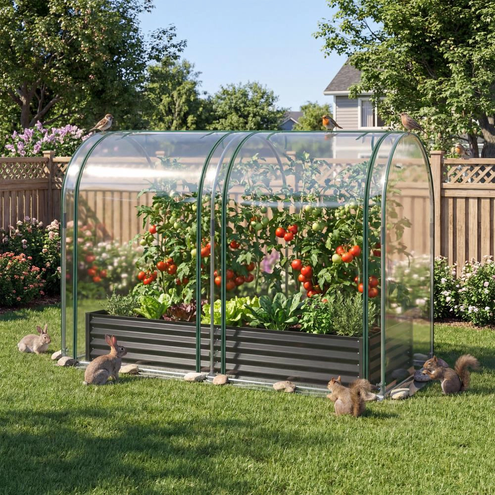 Hivvago Galvanized Raised Garden Bed with Greenhouse Cover