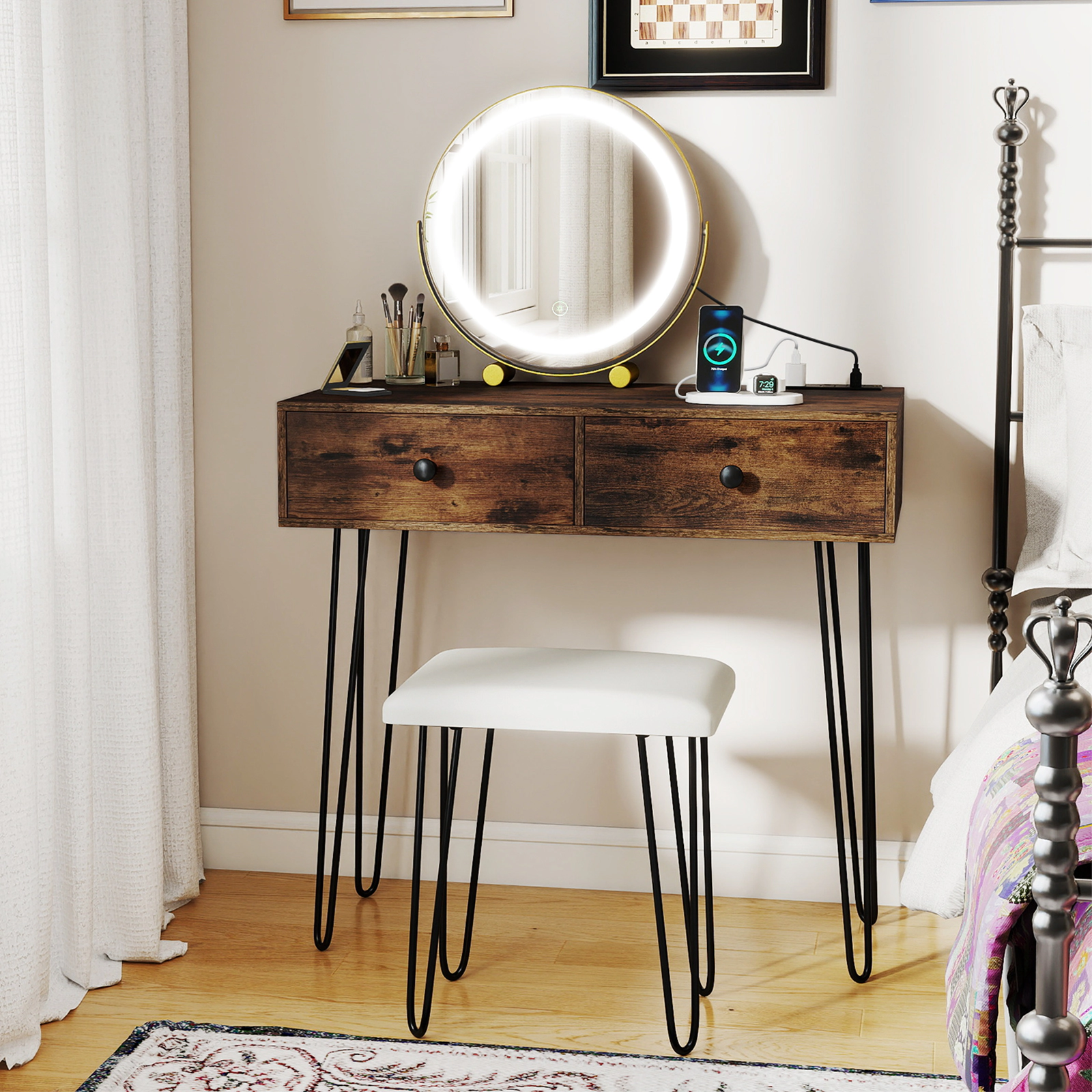 SUGIFT Rustic Brown Makeup Vanity with Lighted Mirror, Charging Strip, 2 Drawers and Stool