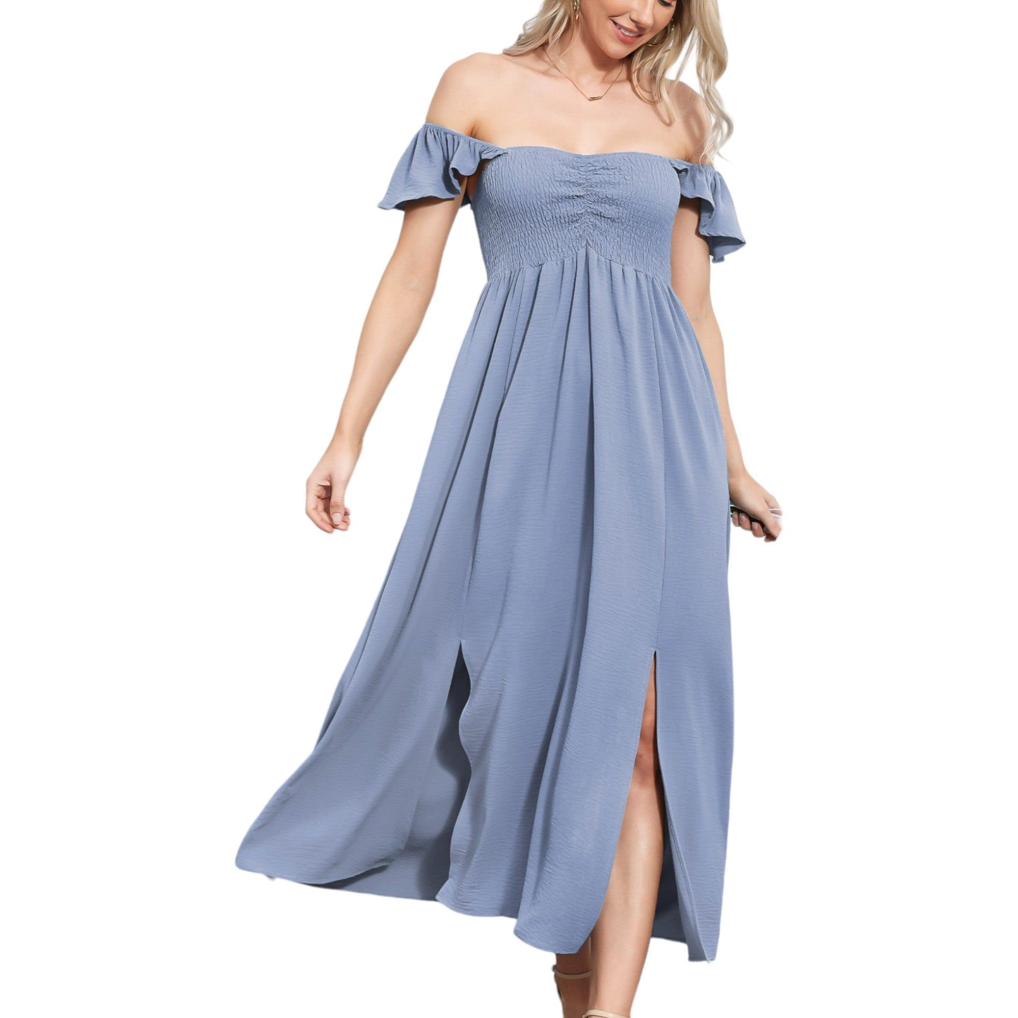 Anna-Kaci Women's Ruffled Cap Sleeve Slit Maxi Dress