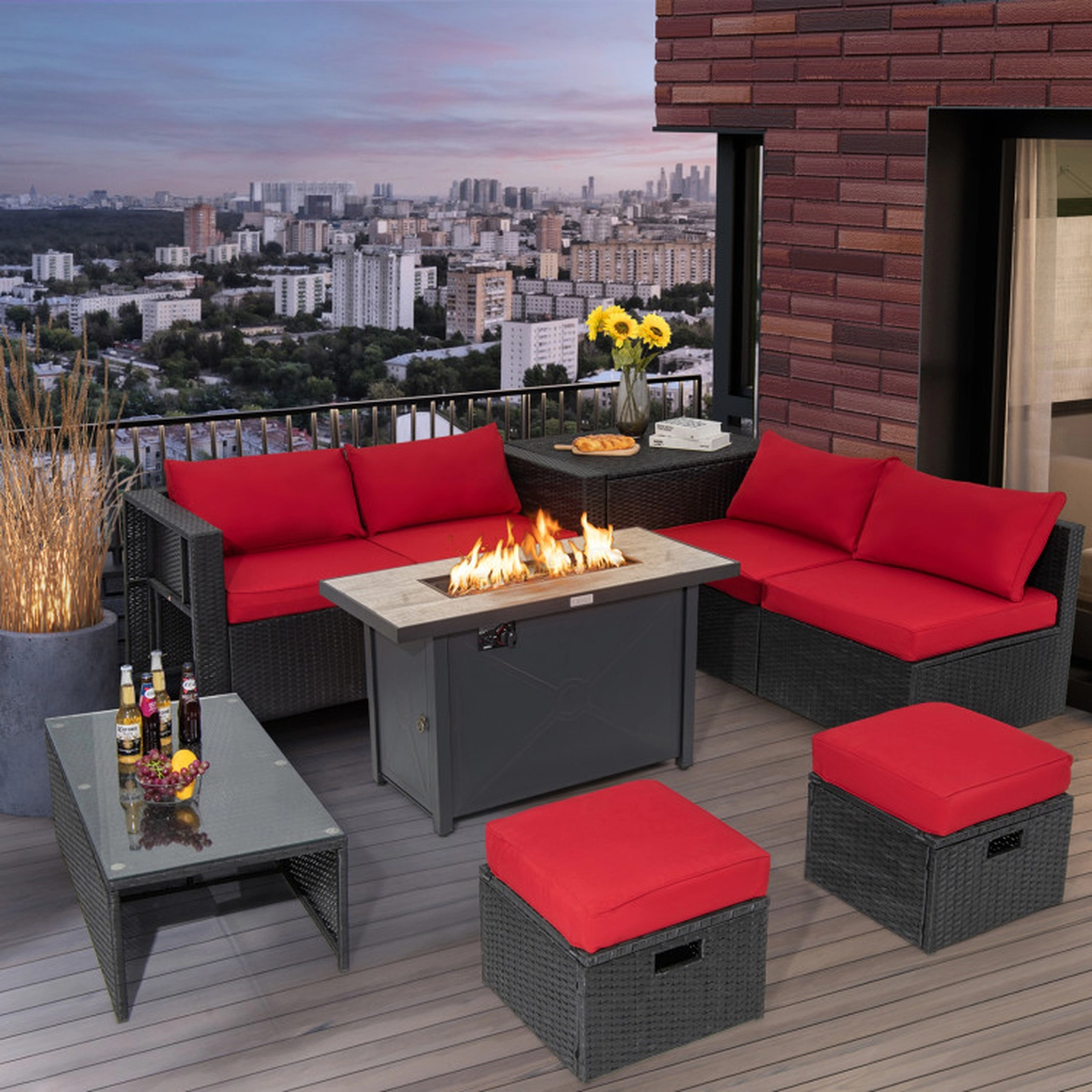 SUGIFT 9-Piece 350-lb Capacity Red Cushioned PE Rattan Outdoor Patio Sectional Set with 42-in 60000-BTU Fire Pit Table