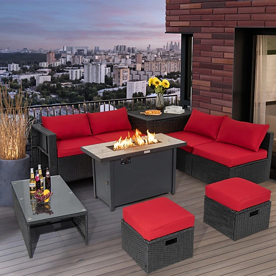 SUGIFT 9-Piece 350-lb Capacity Red Cushioned PE Rattan Outdoor Patio Sectional Set with 42-in 60000-BTU Fire Pit Table