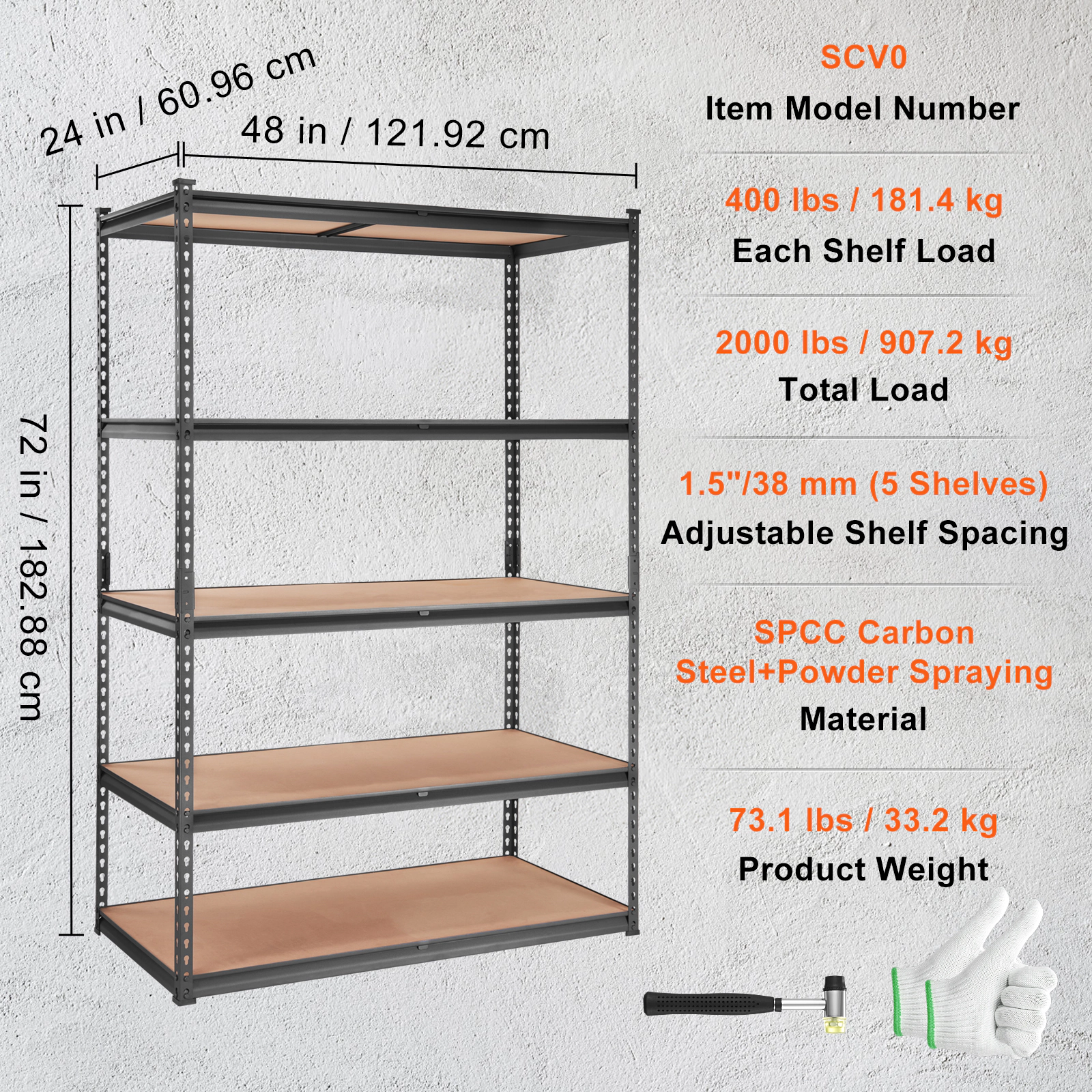 HONGGE Heavy Duty Garage Storage Shelves, 5-Tier Adjustable Rack, 2000 lb Capacity, 48 x 24 x 72 Inch, Black