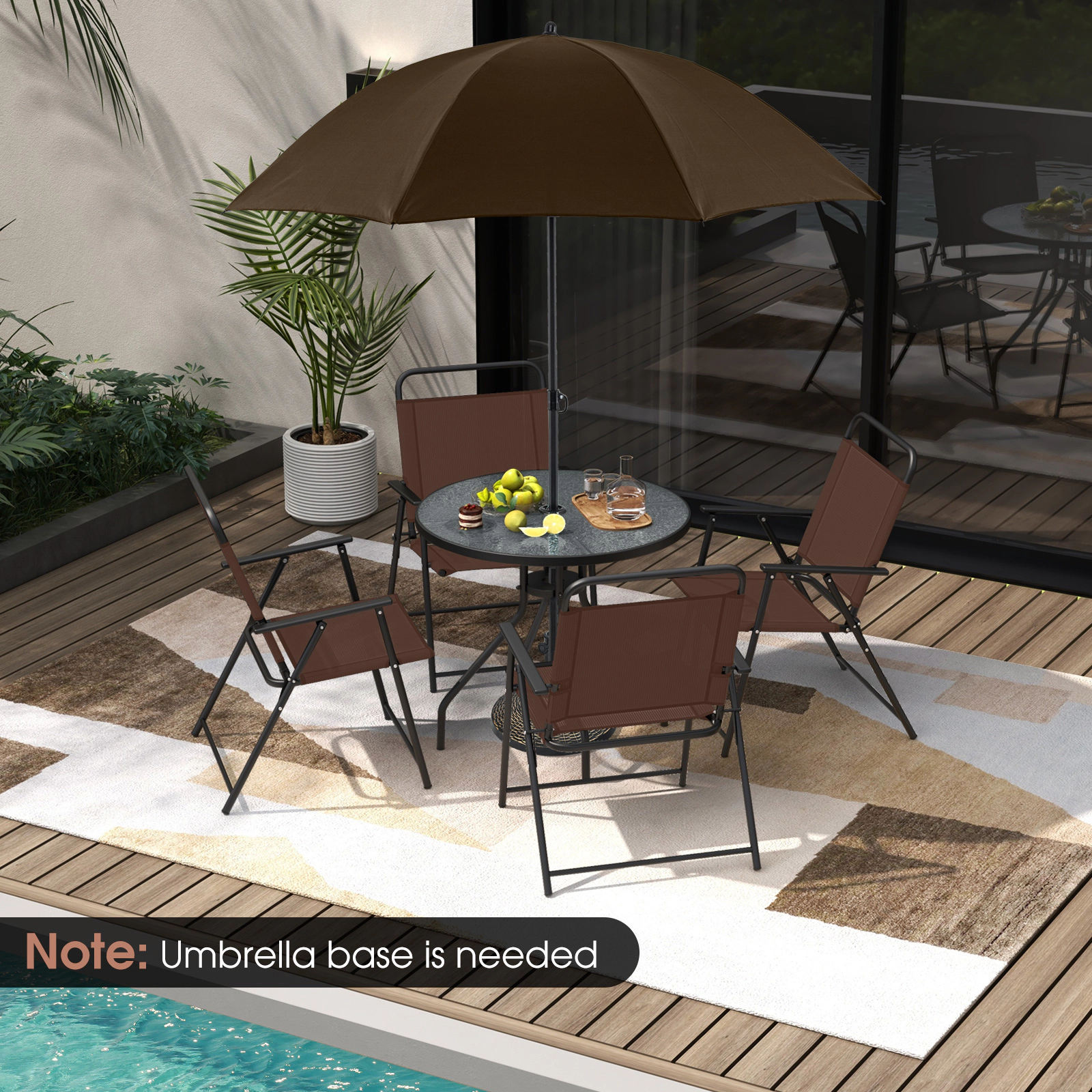 SUGIFT 6-Piece Patio Dining Set with Folding Chairs Glass Table 110-lb Table Capacity 71 x 78-in Umbrella Coffee