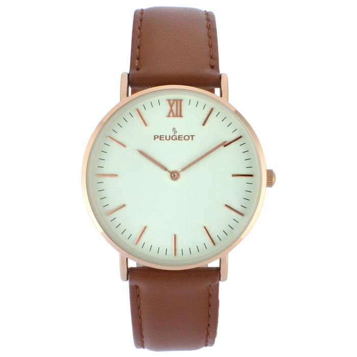Peugeot Men's 40mm Rose-Gold Super Slim Case Leather Strap Watch