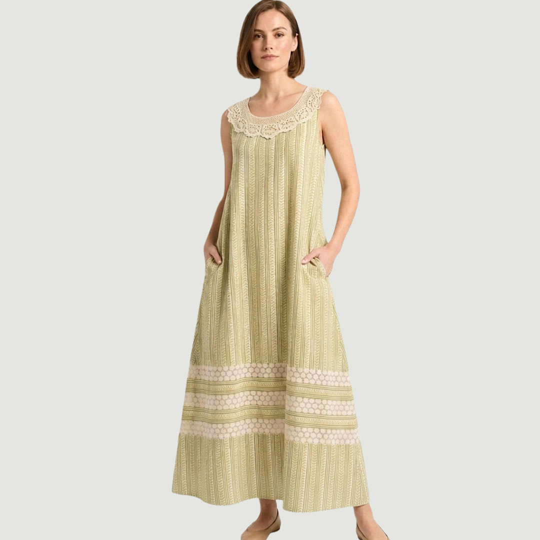 Artyska Women's Boho Printed Sleeveless Lace Yoke with Pockets Maxi Dress
